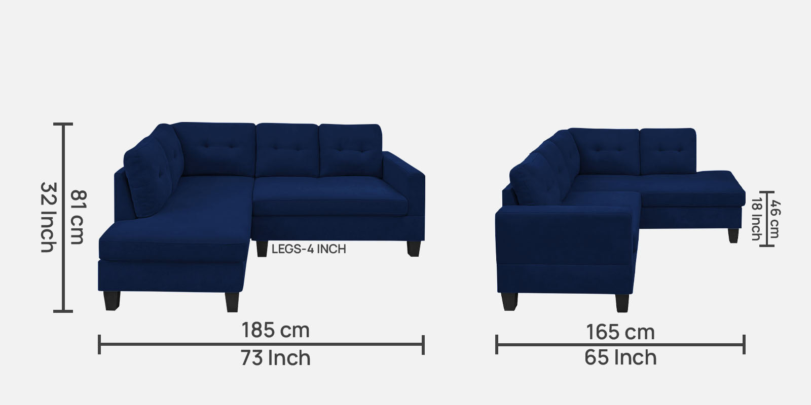 Thomas Fabric RHS Sectional Sofa (2+Lounger) In Royal Blue Colour - Febonic Living