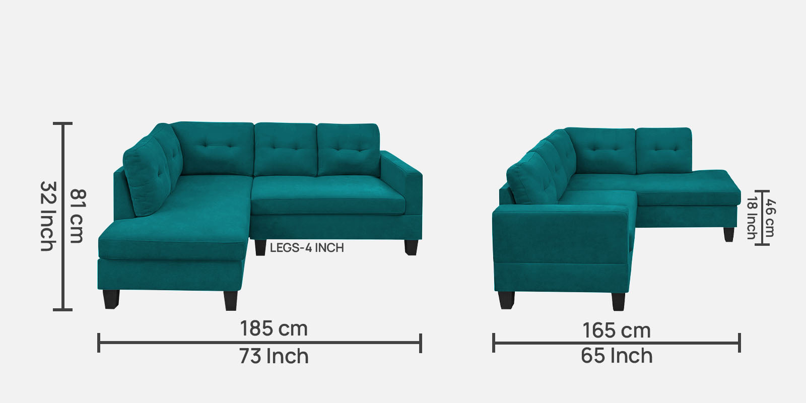 Thomas Fabric RHS Sectional Sofa (2+Lounger) In Sea Green Colour - Febonic Living