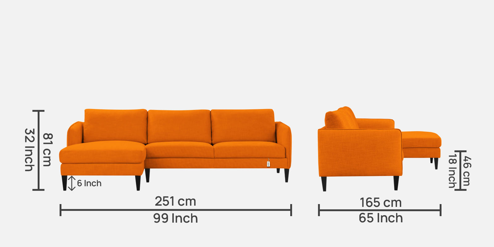 Piku Fabric RHS Sectional Sofa (3+Lounger) In Vivid Orange Colour - Febonic Living