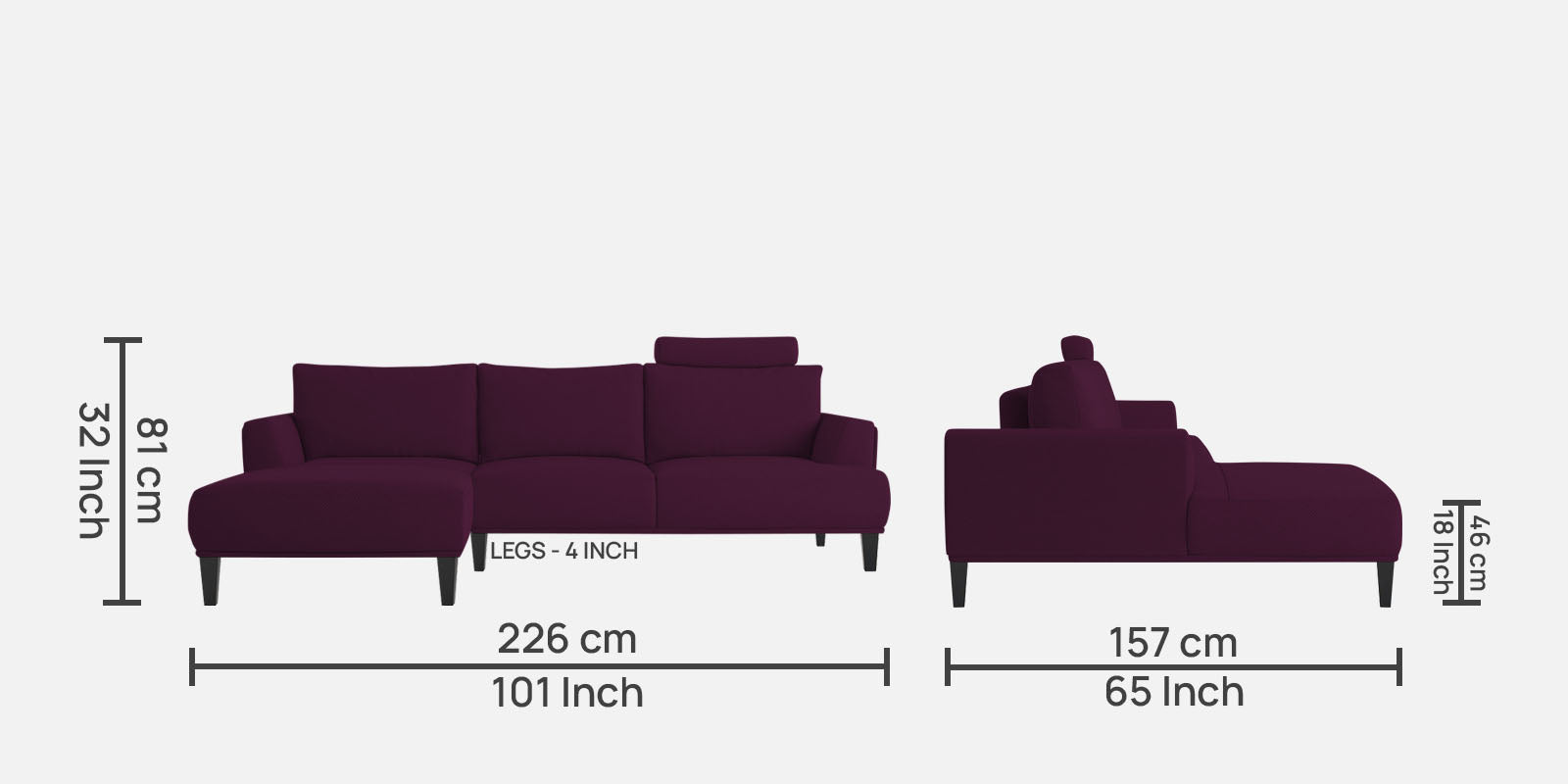 Como Fabric RHS Sectional Sofa (3+Lounger) in Greek Purple Colour