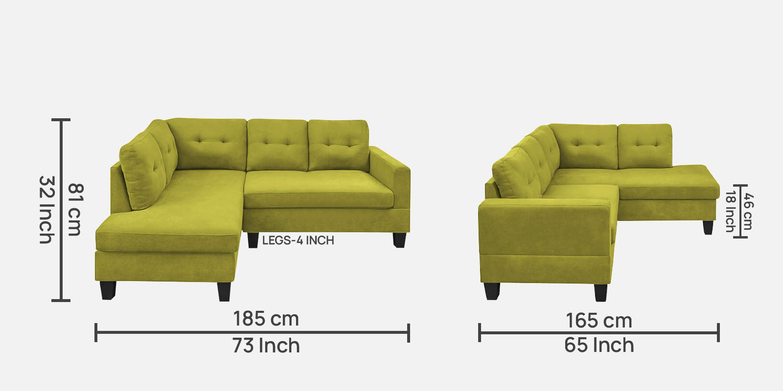 Thomas Fabric RHS Sectional Sofa (2+Lounger) In Parrot Green Colour - Febonic Living