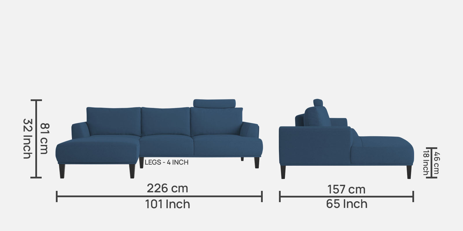 Como Fabric RHS Sectional Sofa (3+Lounger) In Light Blue Colour - Febonic Living
