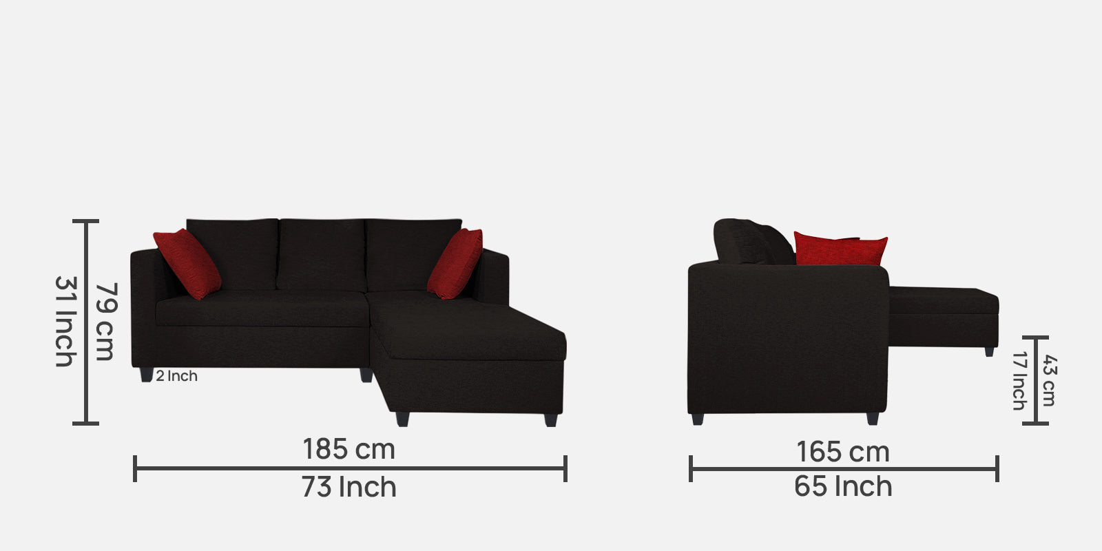 Nebula Fabric LHS Sectional Sofa (2+Lounger) In Cara Brown Colour - Febonic Living