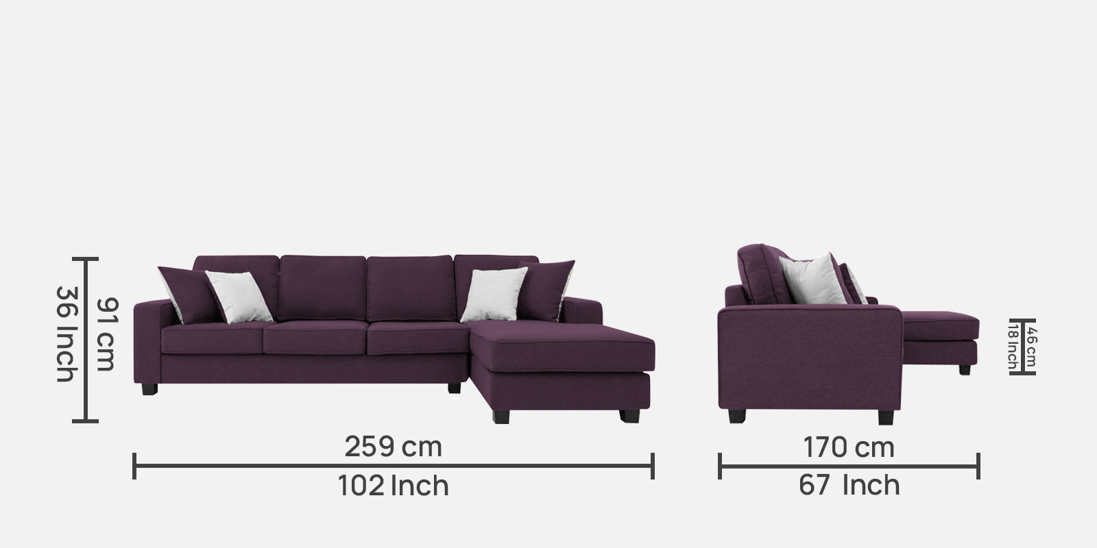 Ladybug Fabric LHS Sectional Sofa (3+Lounger) In Greek Purple Colour - Febonic Living