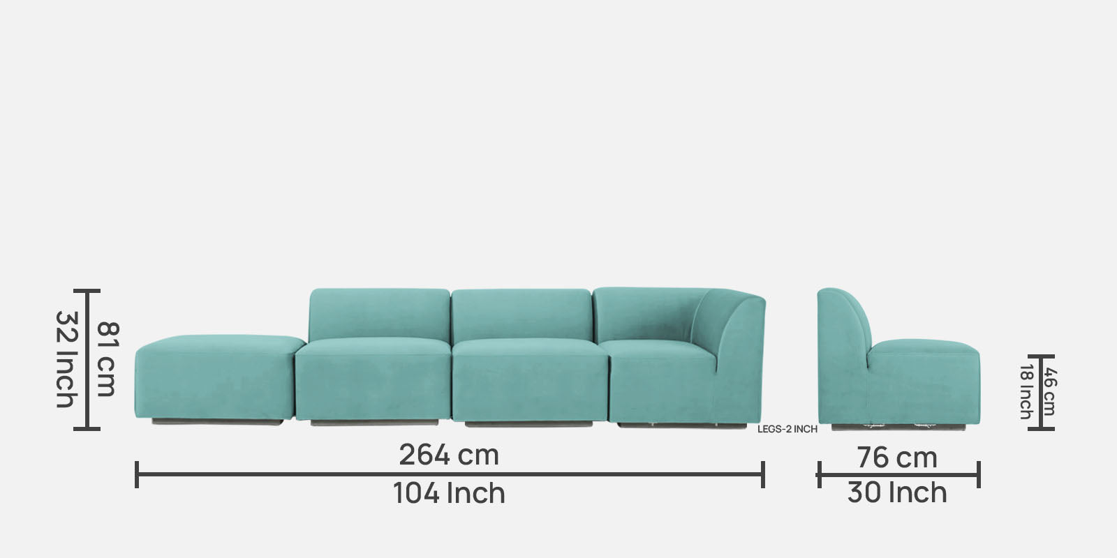 Bufa Velvet LHS Sectional Sofa In Aqua Blue Colour With Ottoman - Febonic Living