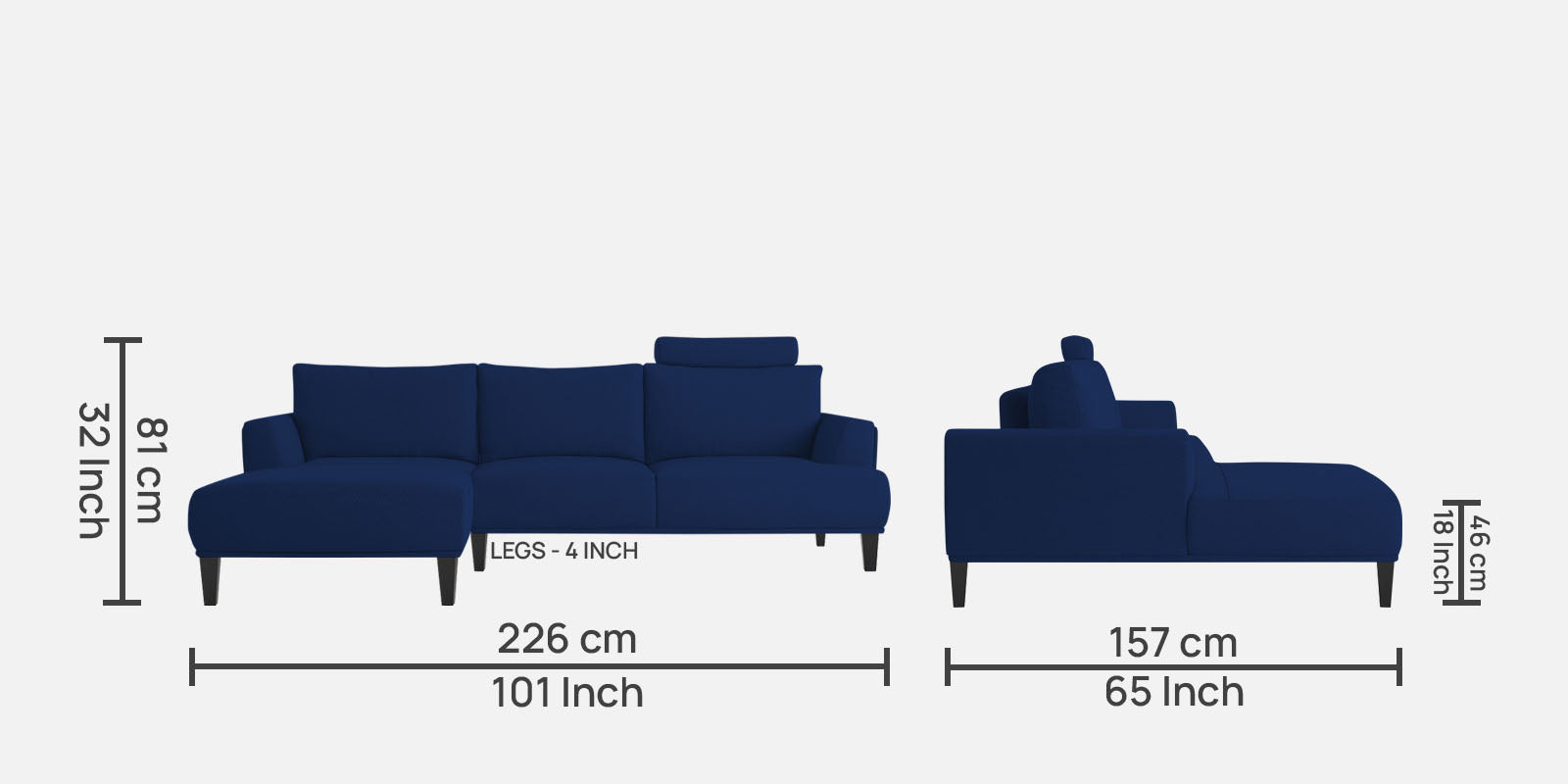 Como Fabric RHS Sectional Sofa (3+Lounger) In Royal Blue Colour - Febonic Living