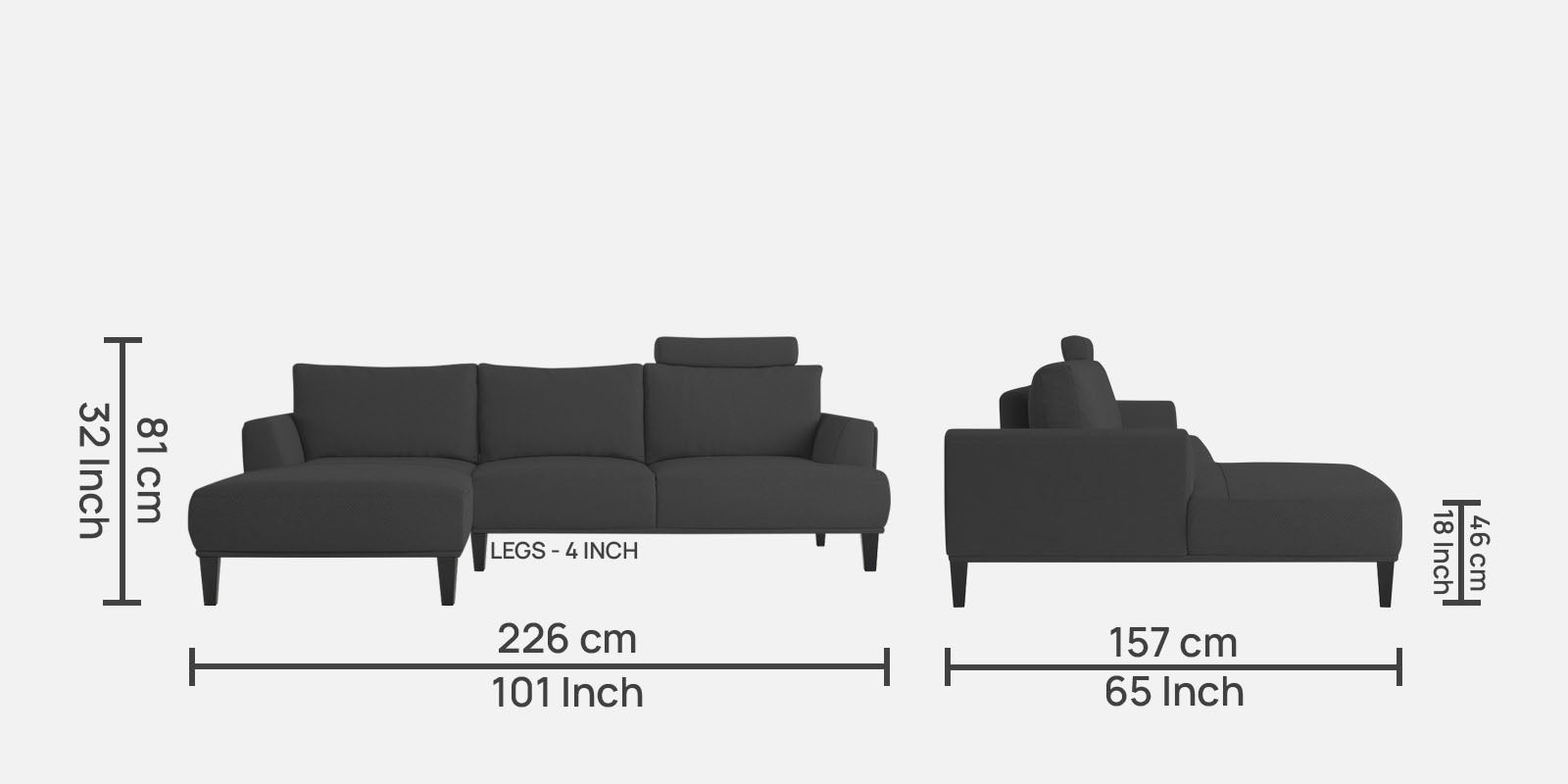 Como Fabric RHS Sectional Sofa (3+Lounger) in Charcoal Grey Colour