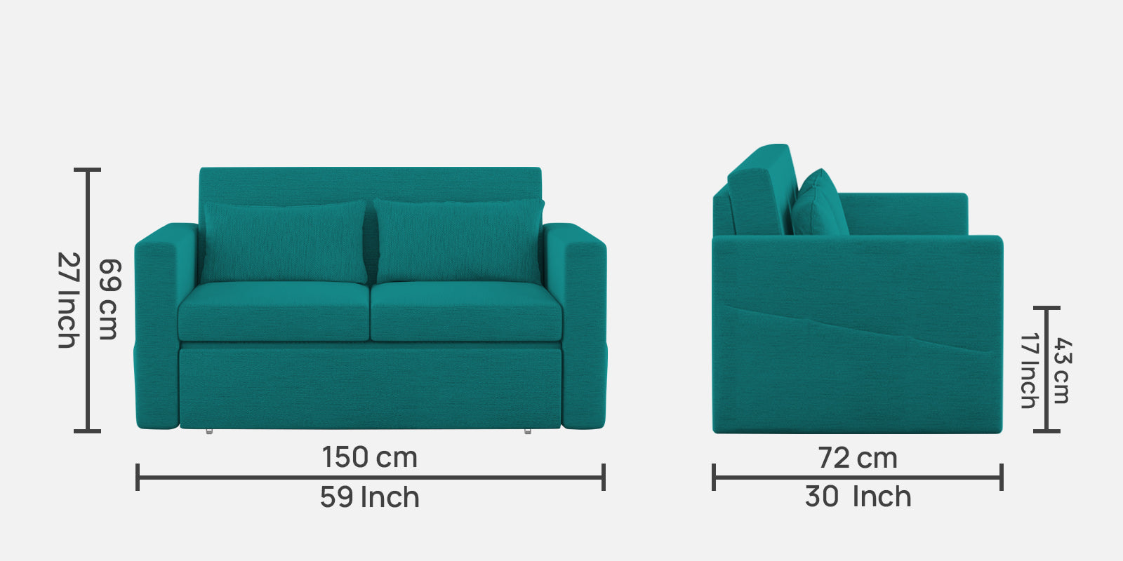 River Fabric 2 Seater Pull Out Sofa Cum Bed In Sea Green Colour - Febonic Living