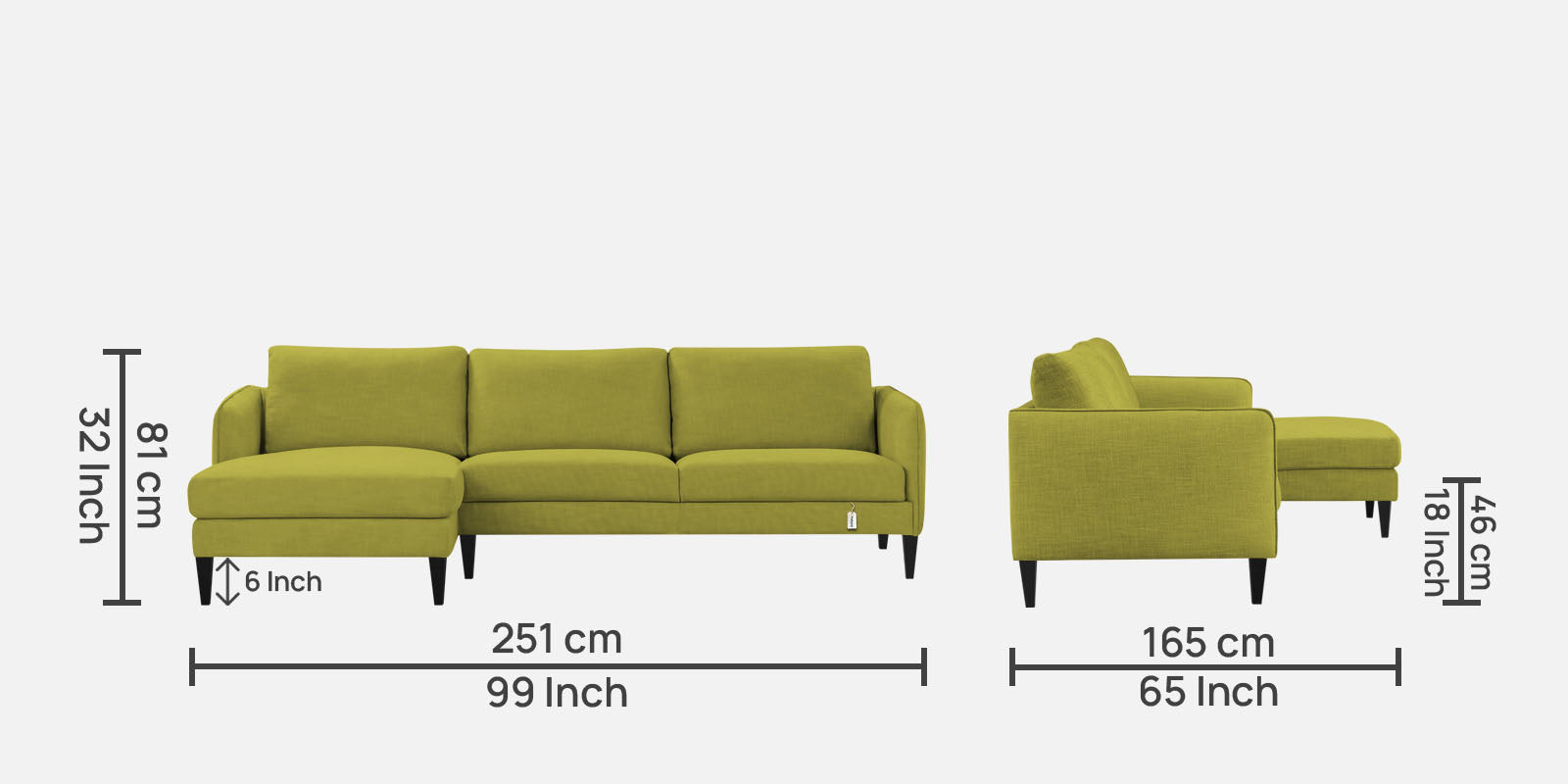 Piku Fabric RHS Sectional Sofa (3+Lounger) In Parrot Green Colour - Febonic Living