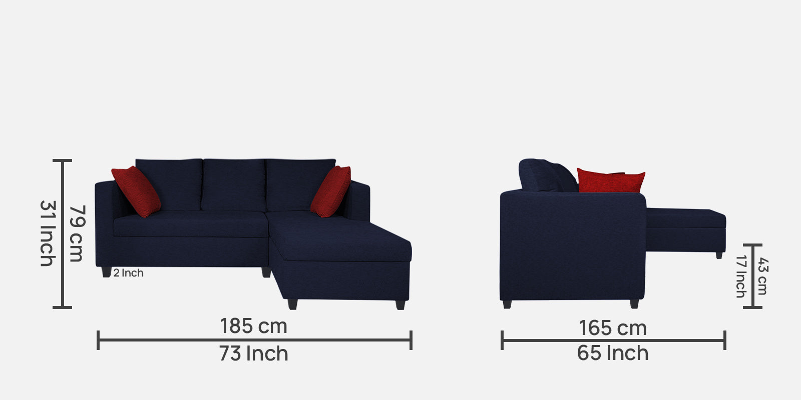 Nebula Fabric LHS Sectional Sofa (2+Lounger) In Royal Blue Colour - Febonic Living