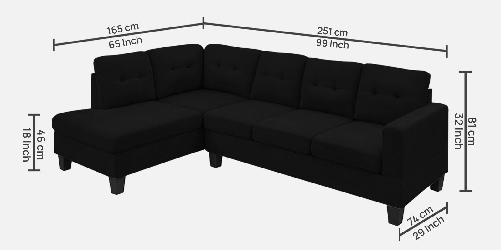 Thomas Fabric RHS Sectional Sofa (3+Lounger) In Zed Black Colour - Febonic Living
