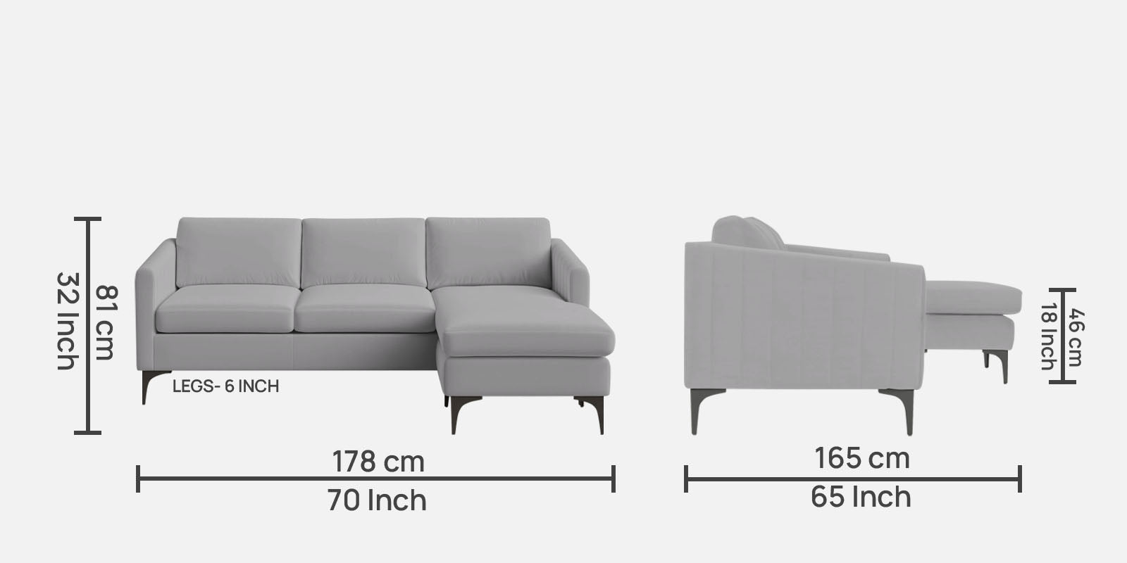 Haru Fabric LHS Sectional Sofa (2+Lounger) In Concrete Grey Colour - Febonic Living