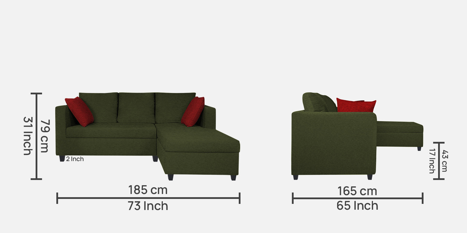 Nebula Fabric LHS Sectional Sofa (2+Lounger) In Olive Green Colour - Febonic Living