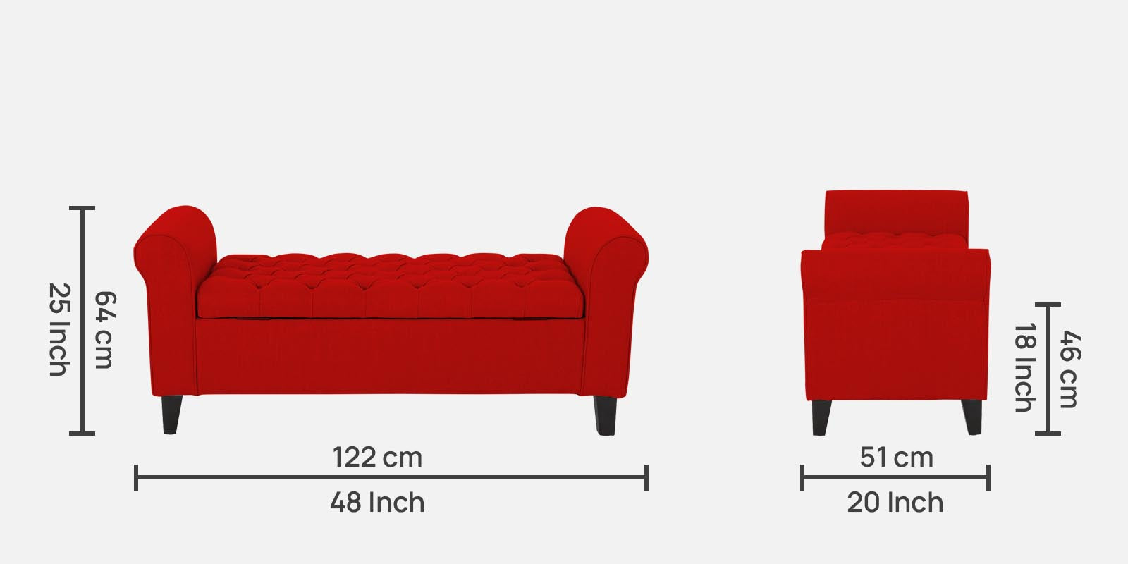 Nowia Fabric 2 Seater Recamier In Ruby Red Colour With Storage - Febonic Living