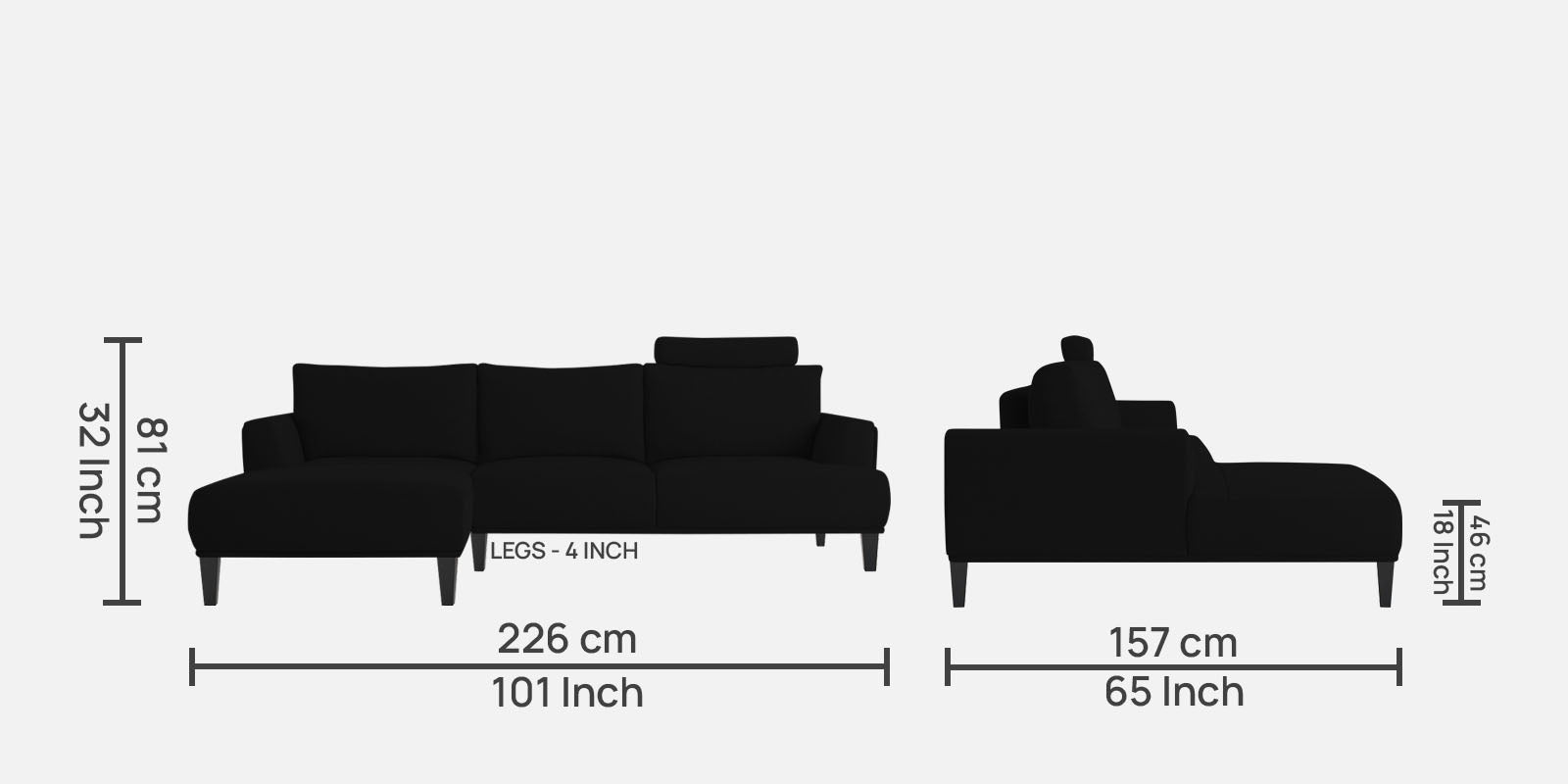 Como Fabric RHS Sectional Sofa (3+Lounger) In Zed Black Colour - Febonic Living