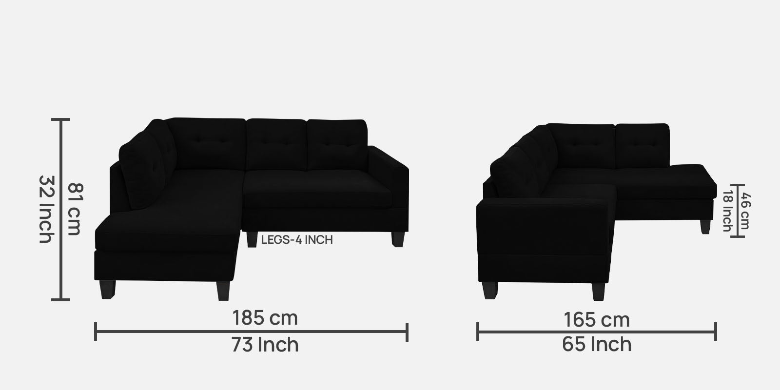 Thomas Fabric RHS Sectional Sofa (2+Lounger) In Zed Black Colour - Febonic Living