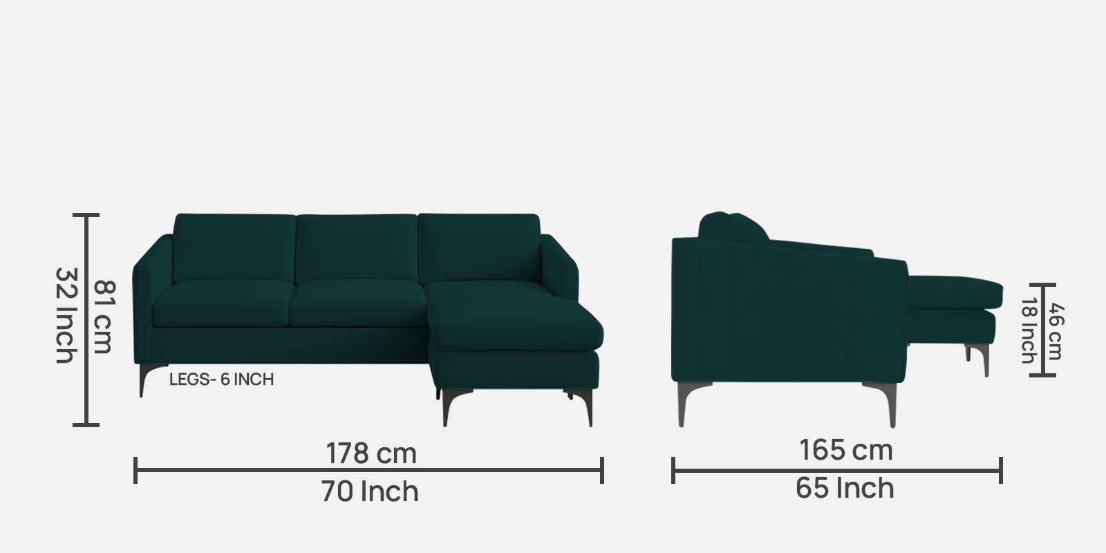 Haru Fabric LHS Sectional Sofa (2+Lounger) In Forest Green Colour - Febonic Living