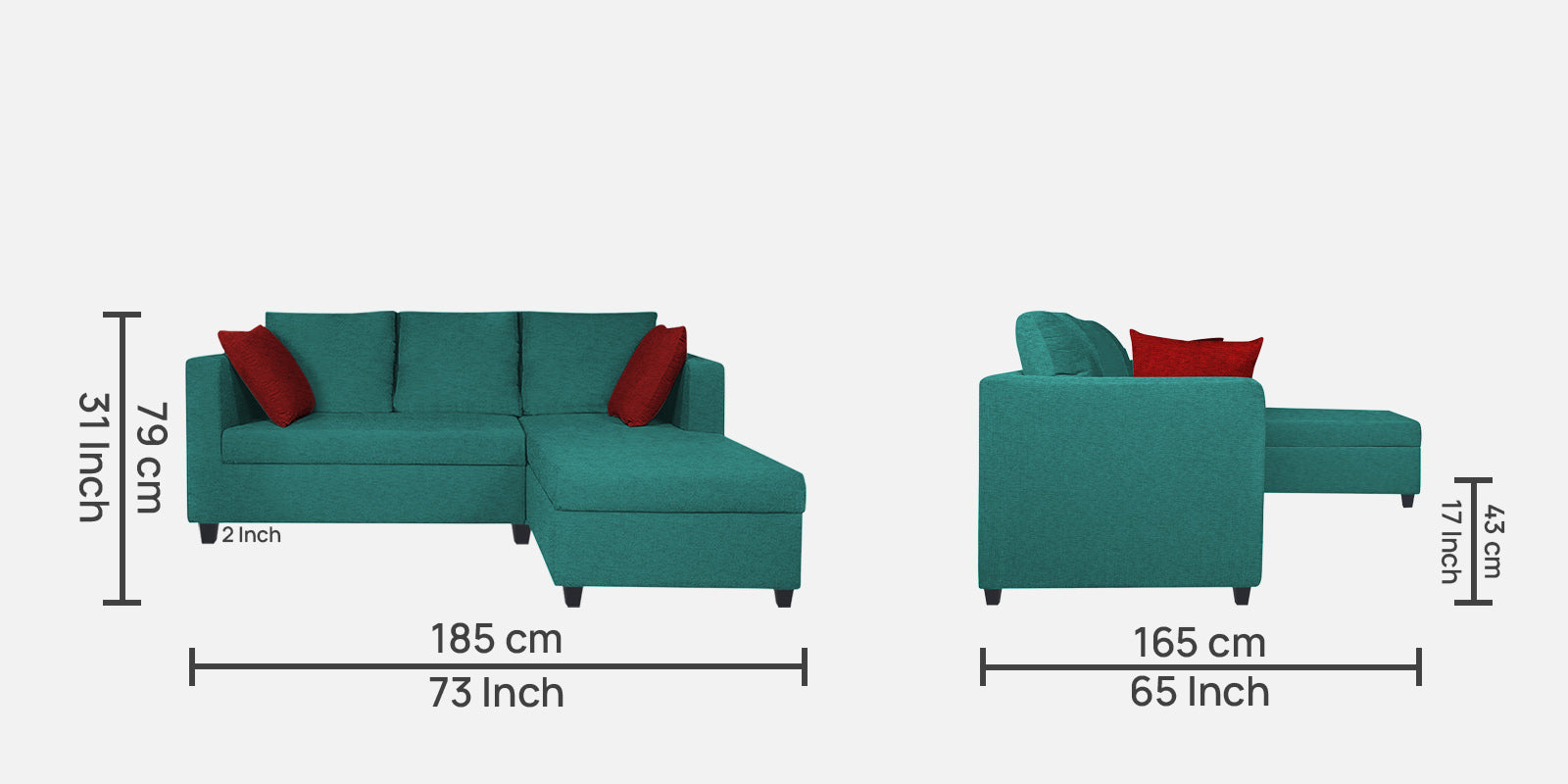 Nebula Fabric LHS Sectional Sofa (2+Lounger) In Sea Green Colour - Febonic Living