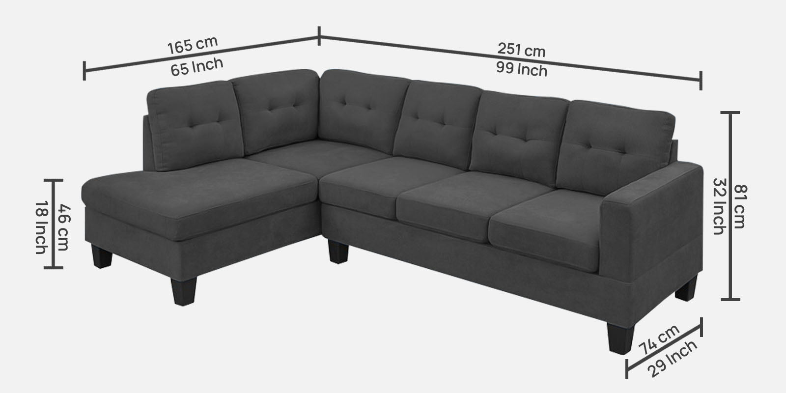Thomas Fabric RHS Sectional Sofa (3+Lounger) In Charcoal Grey Colour - Febonic Living