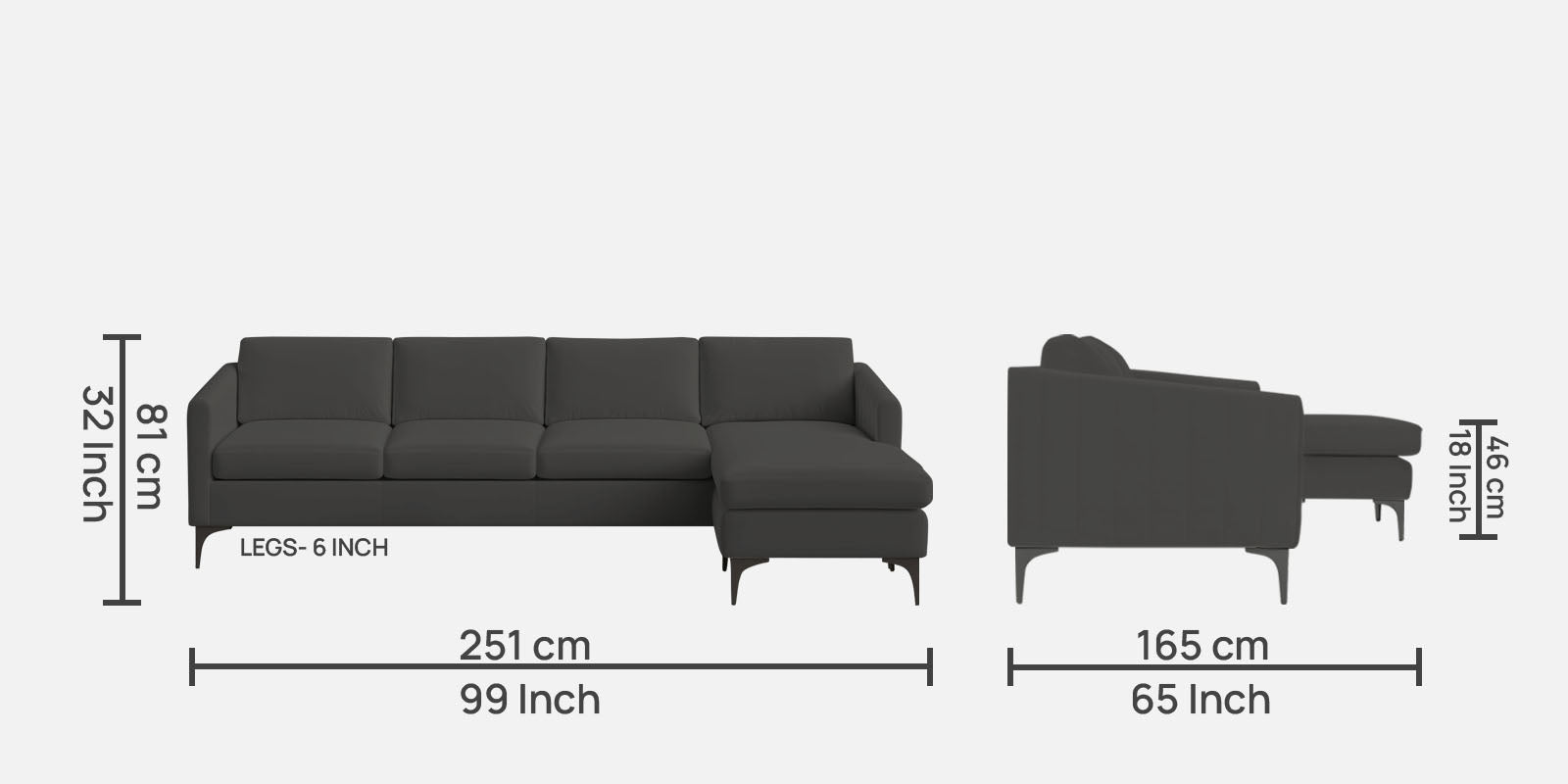 Haru Fabric LHS Sectional Sofa (3+Lounger) In Hory Grey Colour - Febonic Living