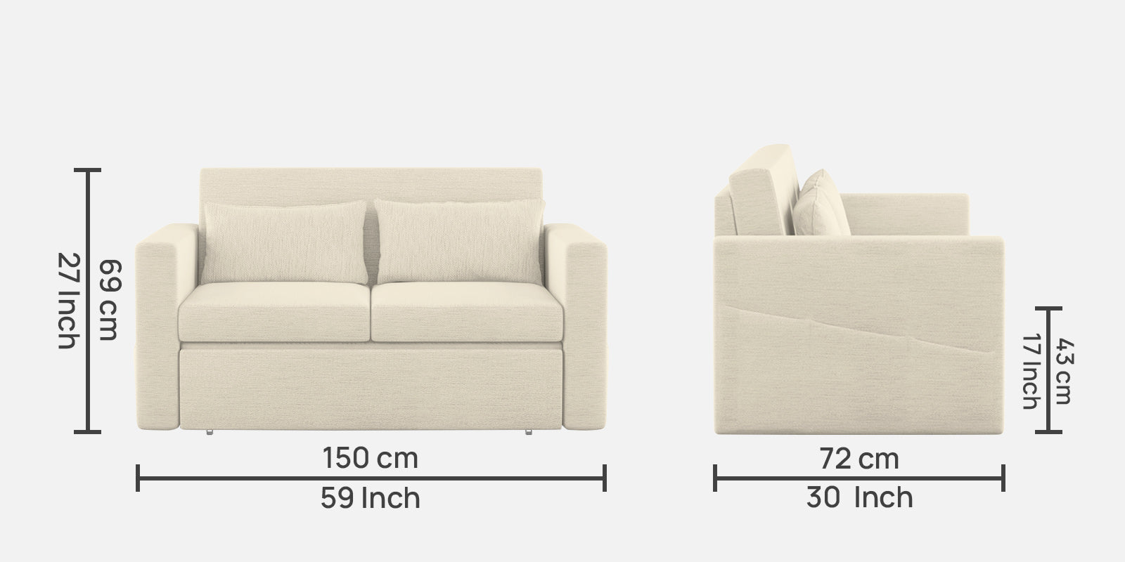 River Fabric 2 Seater Pull Out Sofa Cum Bed In ivory cream Colour - Febonic Living