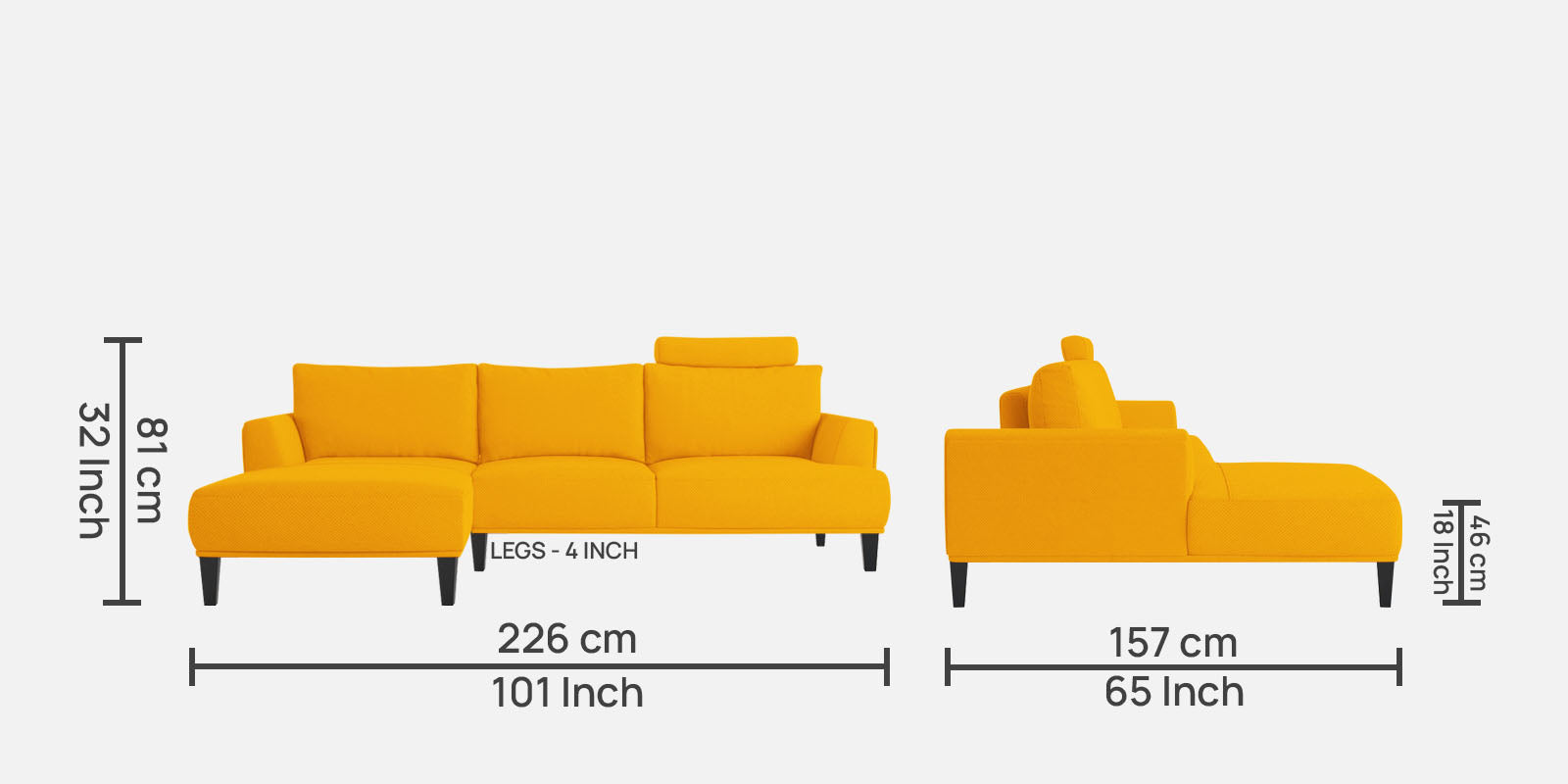 Como Fabric RHS Sectional Sofa (3+Lounger) In Bold Yellow Colour - Febonic Living