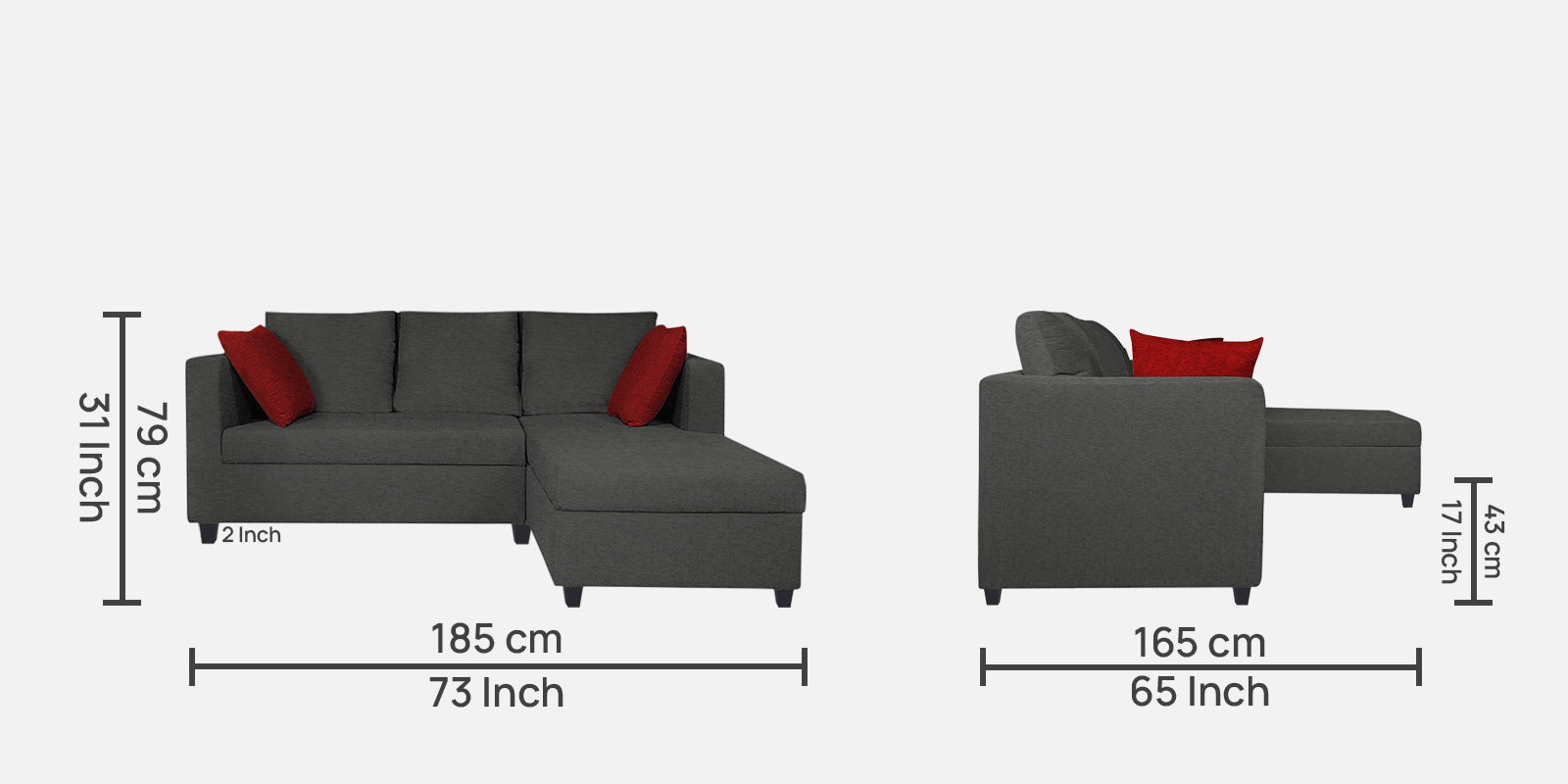 Nebula Fabric LHS Sectional Sofa (2+Lounger) In Charcoal Grey Colour - Febonic Living
