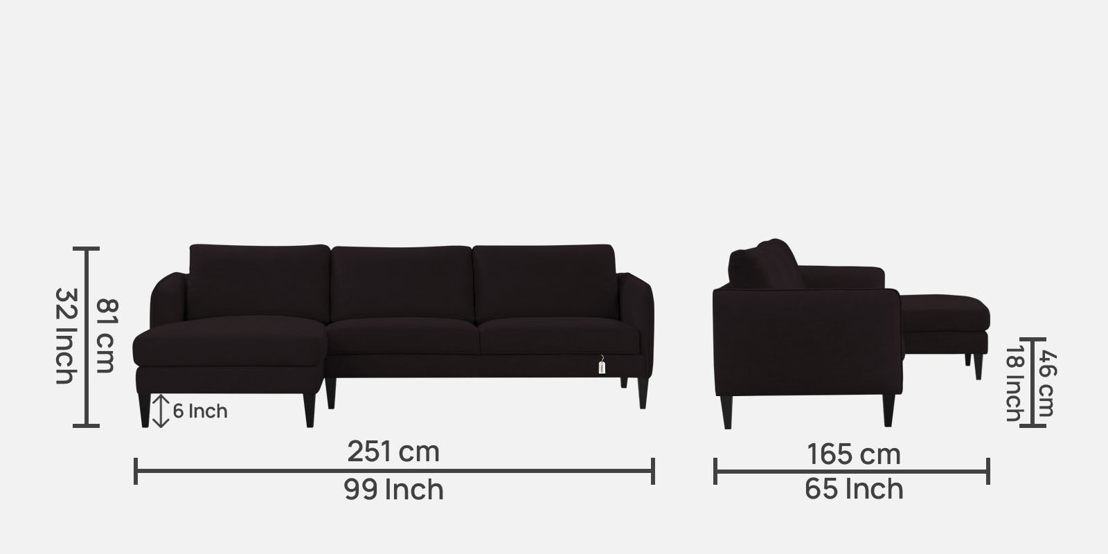 Piku Fabric RHS Sectional Sofa (3+Lounger) In Cara Brown Colour - Febonic Living