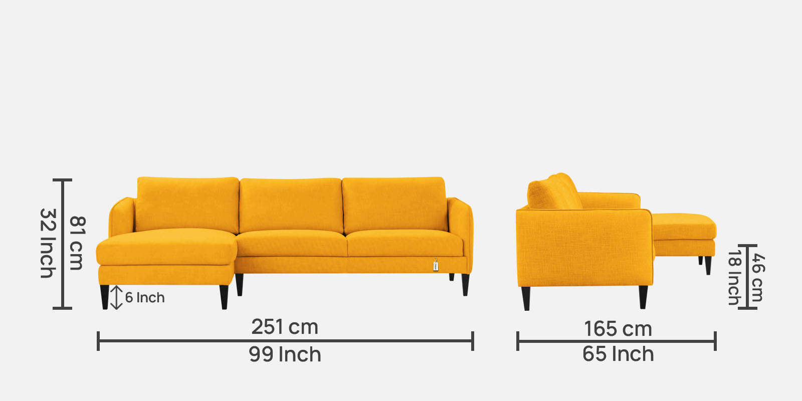 Piku Fabric RHS Sectional Sofa (3+Lounger) In Bold Yellow Colour - Febonic Living