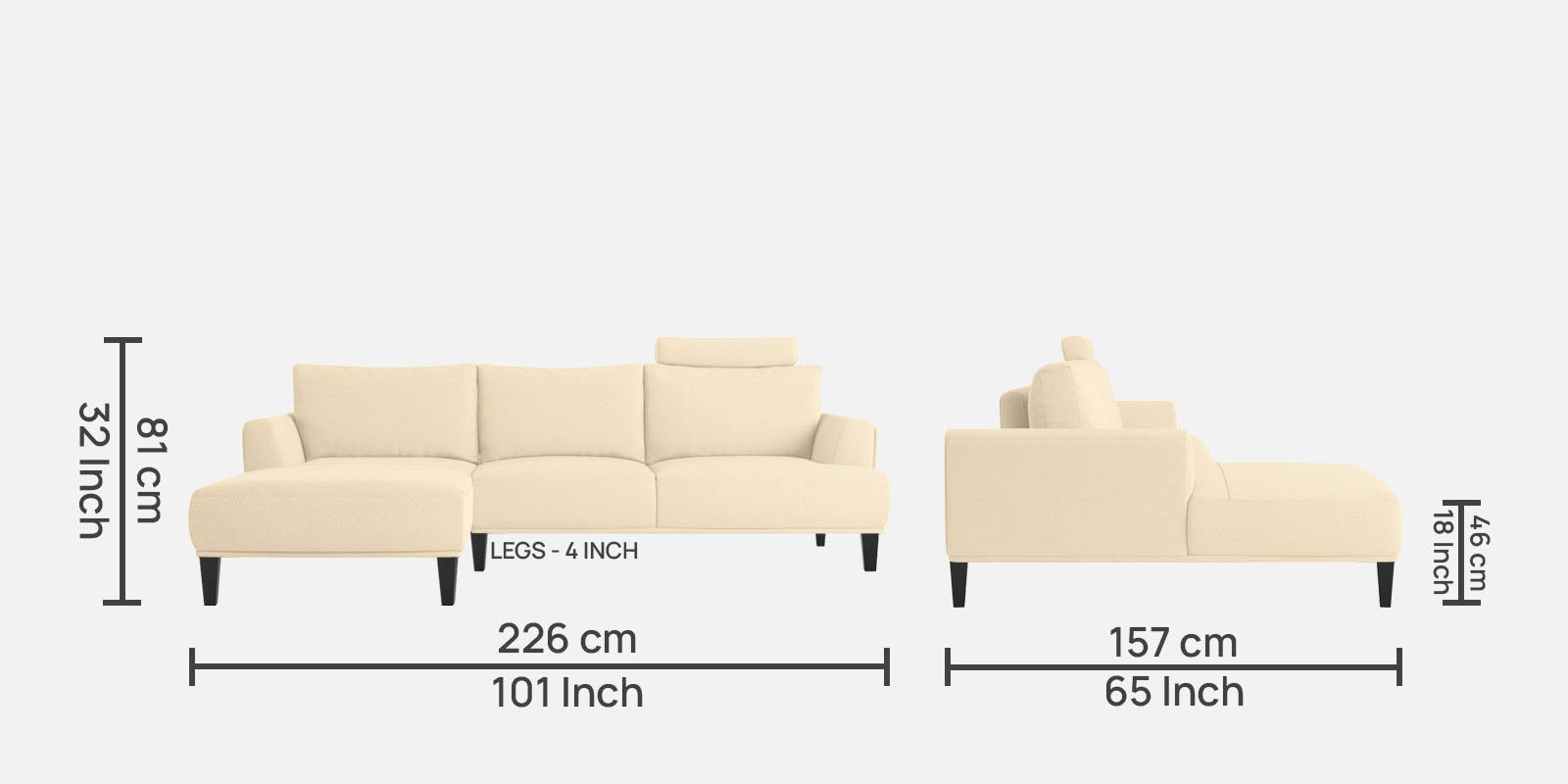 Como Fabric RHS Sectional Sofa (3+Lounger) In Ivory Beige Colour - Febonic Living