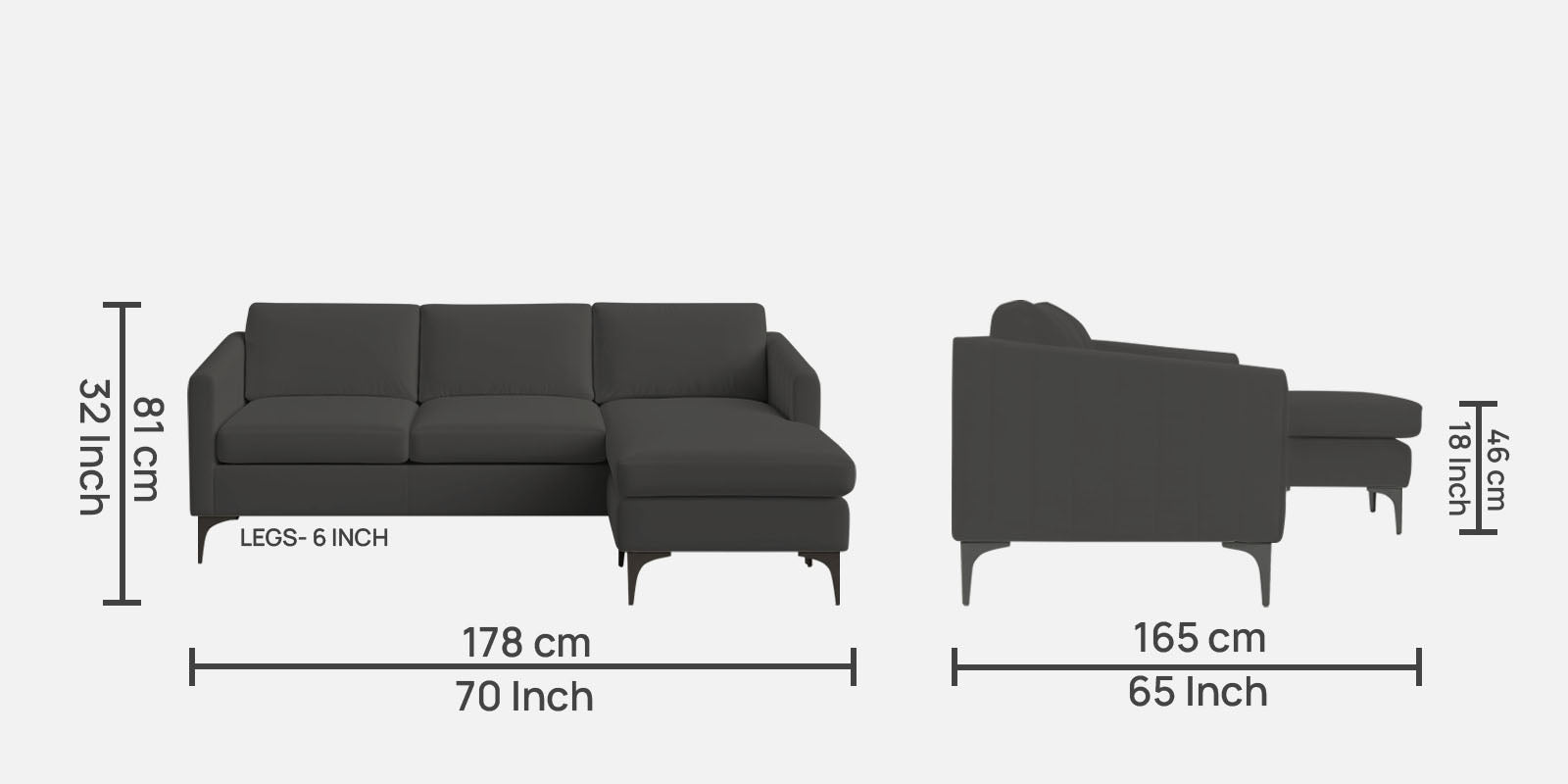 Haru Fabric LHS Sectional Sofa (2+Lounger) In Hory Grey Colour - Febonic Living