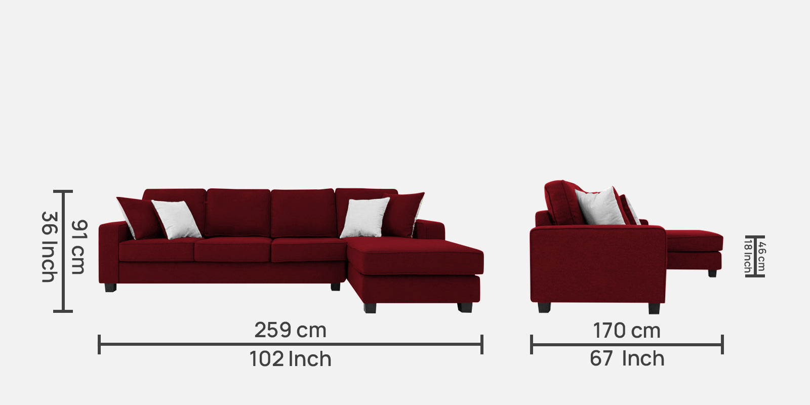 Ladybug Fabric LHS Sectional Sofa (3+Lounger) In Ruby Red Colour - Febonic Living