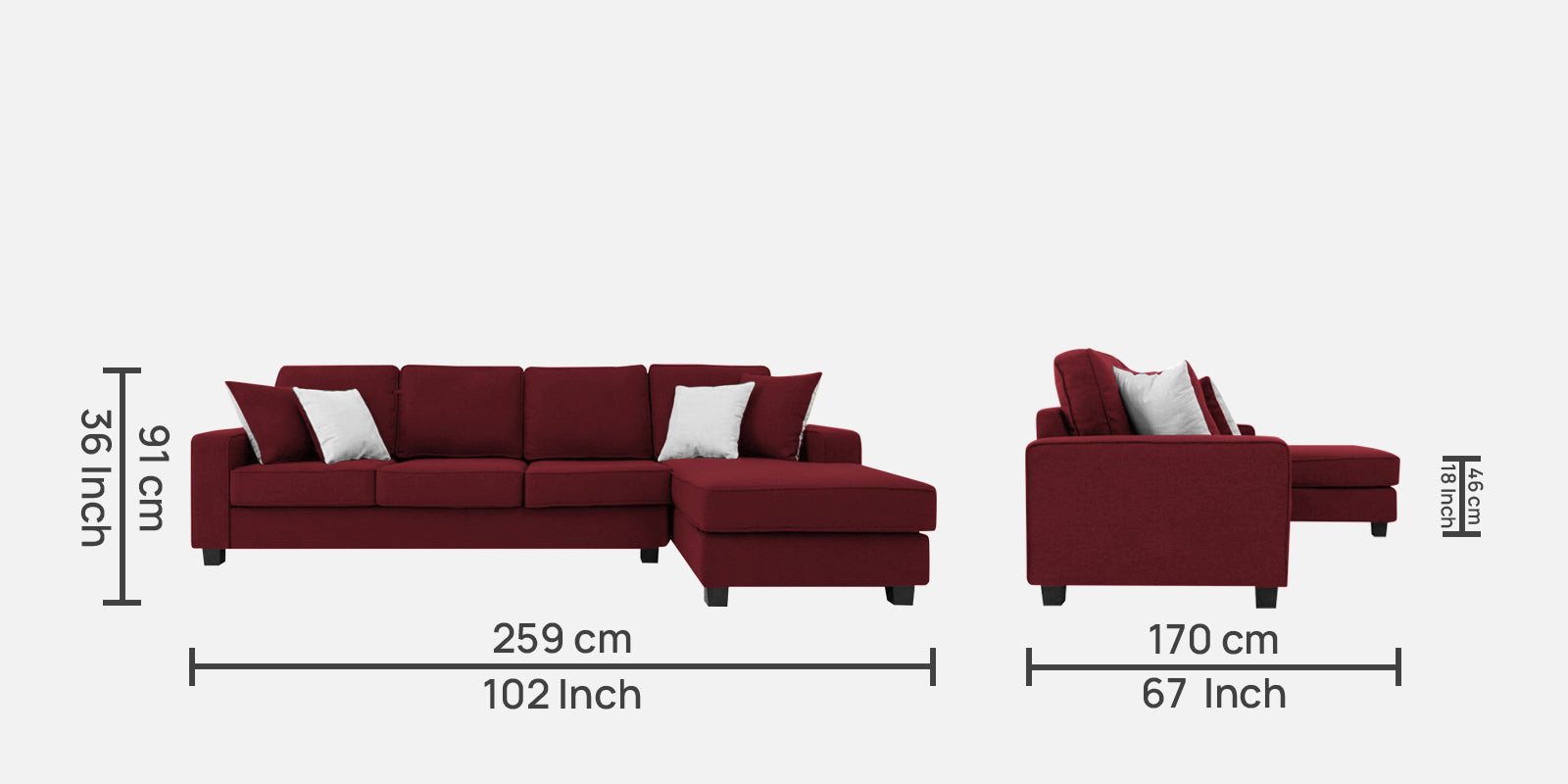 Ladybug Fabric LHS Sectional Sofa (3+Lounger) In Blood Maroon Colour - Febonic Living