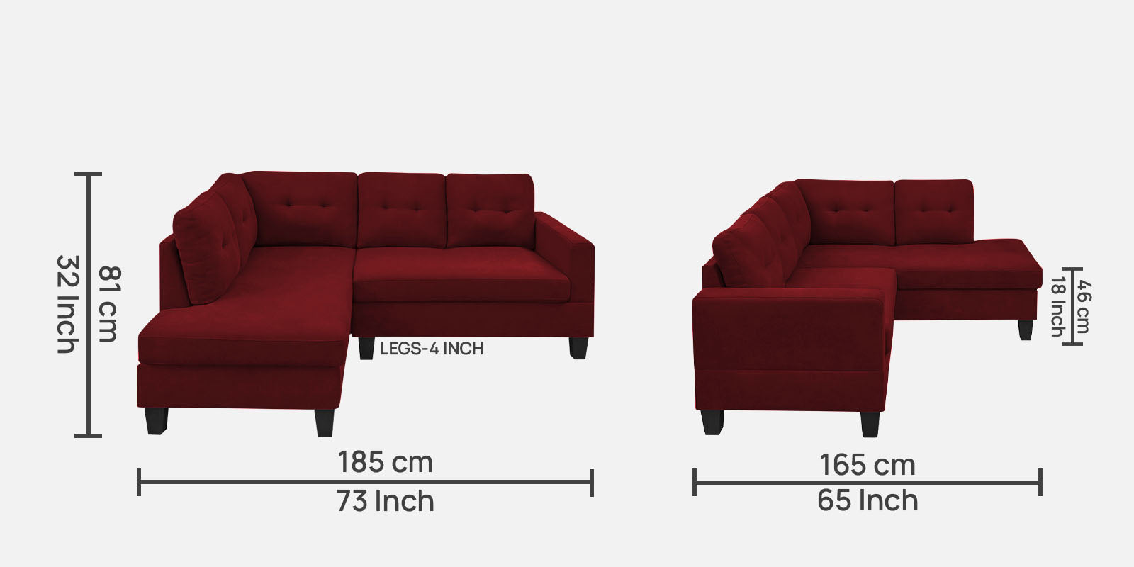 Thomas Fabric RHS Sectional Sofa (2+Lounger) In Blood Maroon Colour - Febonic Living