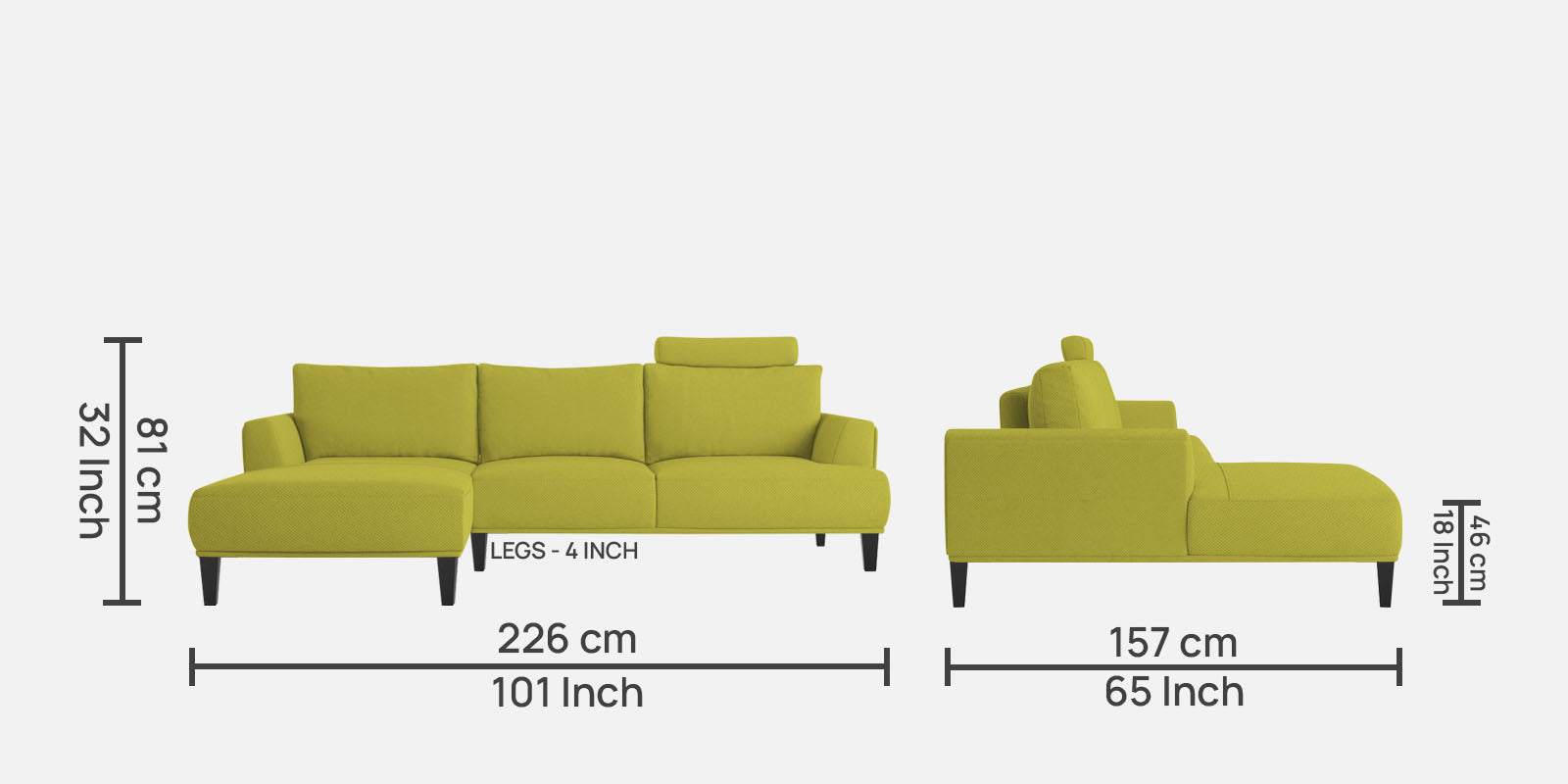 Como Fabric RHS Sectional Sofa (3+Lounger) In Parrot Green Colour - Febonic Living