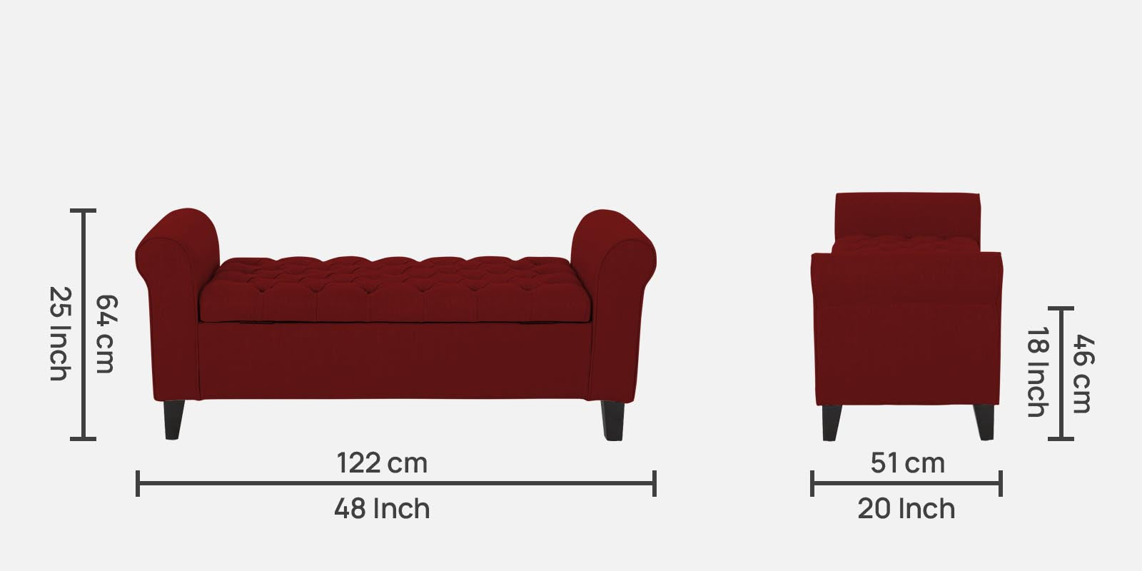 Nowia Fabric 2 Seater Recamier In Blood Maroon Colour With Storage - Febonic Living