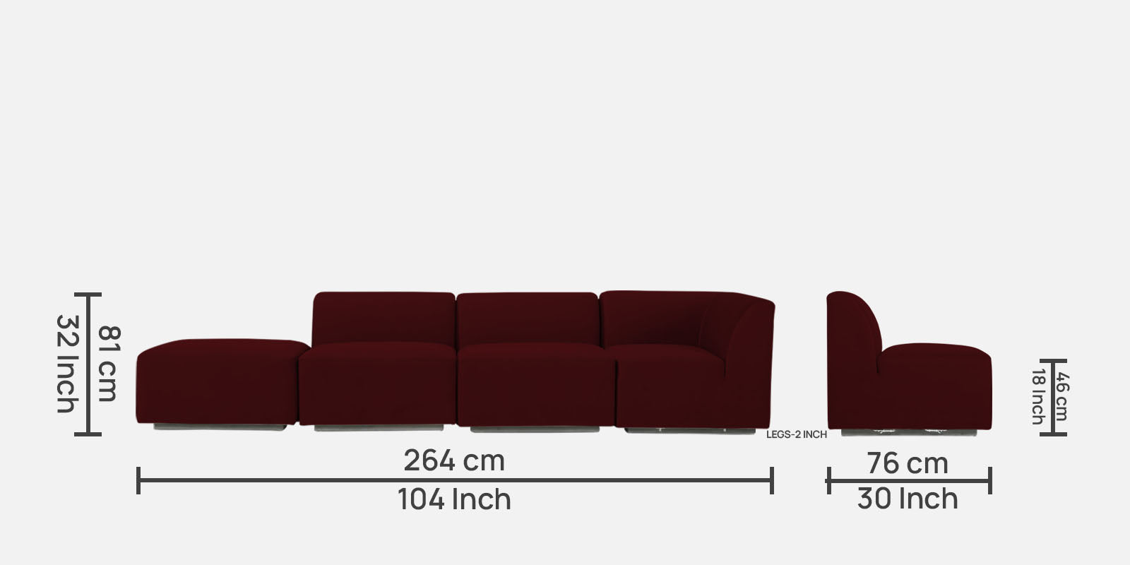Bufa Velvet LHS Sectional Sofa In Dark Maroon Colour With Ottoman - Febonic Living