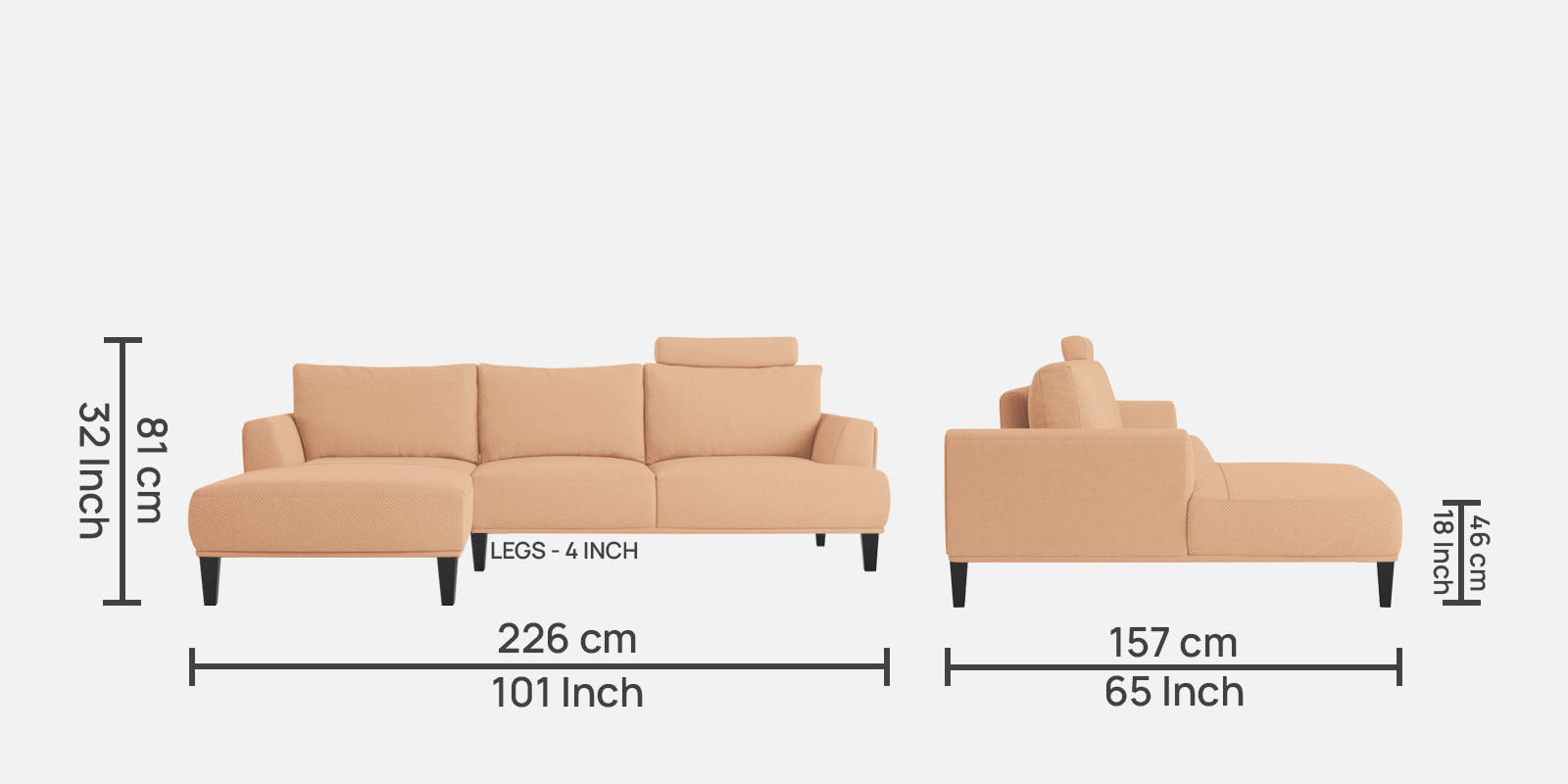 Como Fabric RHS Sectional Sofa (3+Lounger) In Cosmic Beige Colour - Febonic Living