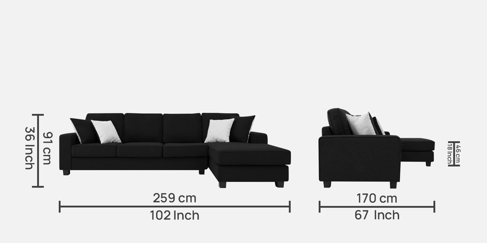 Ladybug Fabric LHS Sectional Sofa (3+Lounger) In Zed Black Colour - Febonic Living