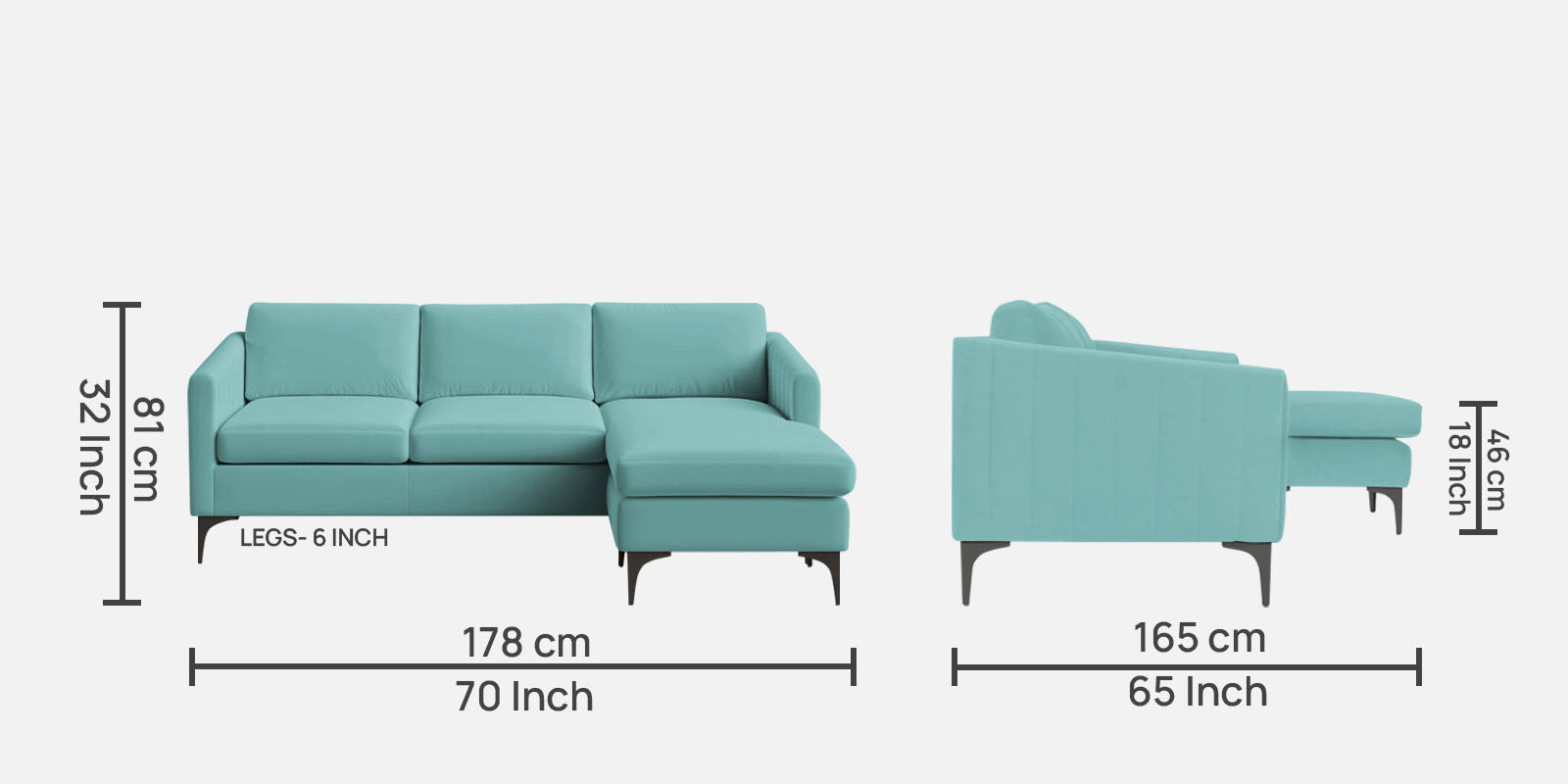 Haru Fabric LHS Sectional Sofa (2+Lounger) In Barmunda Aqua Colour - Febonic Living