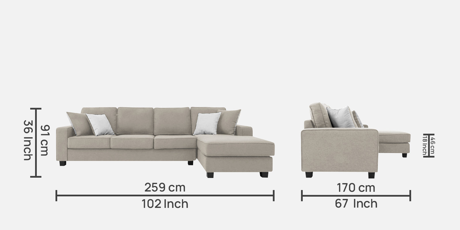 Ladybug Fabric LHS Sectional Sofa (3+Lounger) In Ash Grey Colour - Febonic Living
