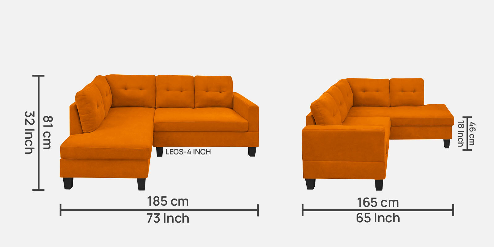 Thomas Fabric RHS Sectional Sofa (2+Lounger) In Vivid Orange Colour - Febonic Living
