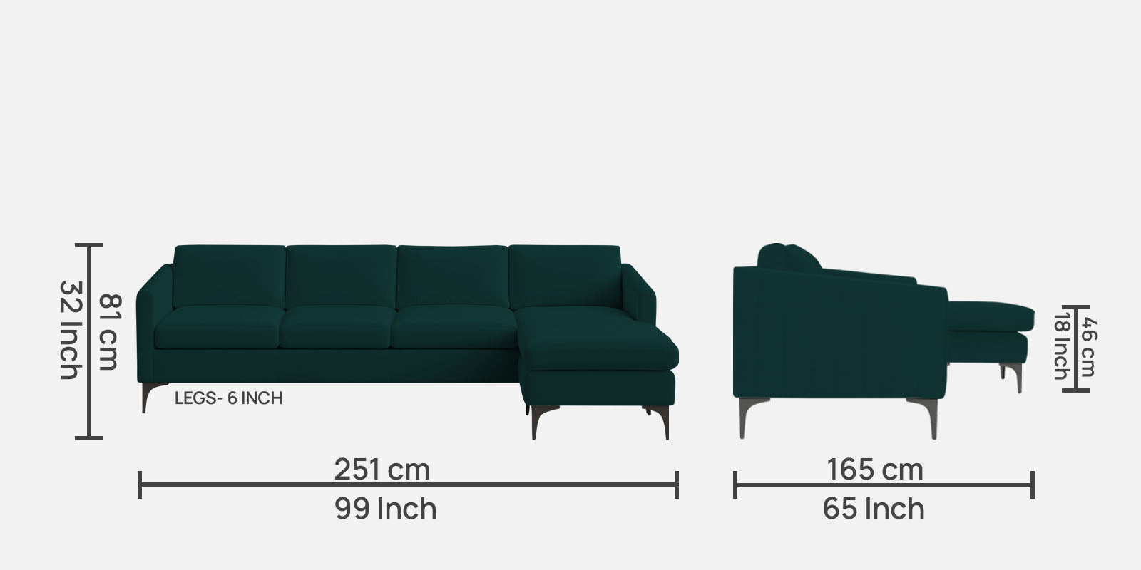 Haru Fabric LHS Sectional Sofa (3+Lounger) In Forest Green Colour - Febonic Living