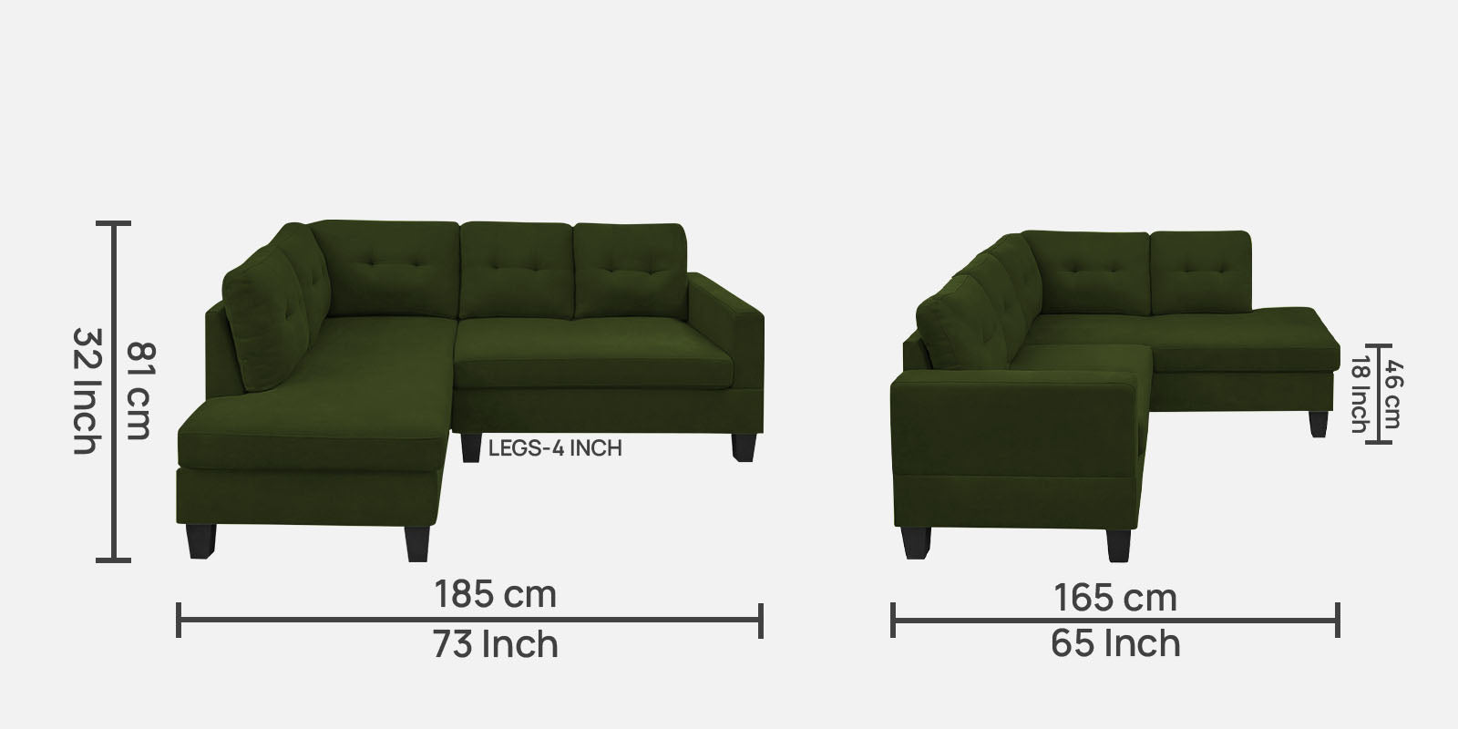 Thomas Fabric RHS Sectional Sofa (2+Lounger) In Olive Green Colour - Febonic Living