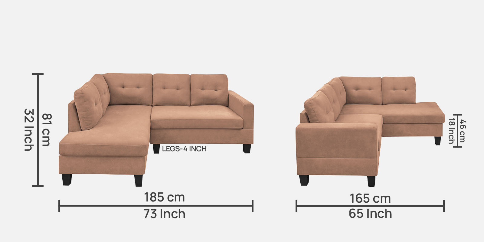 Thomas Fabric RHS Sectional Sofa (2+Lounger) In Cosmic Beige Colour - Febonic Living