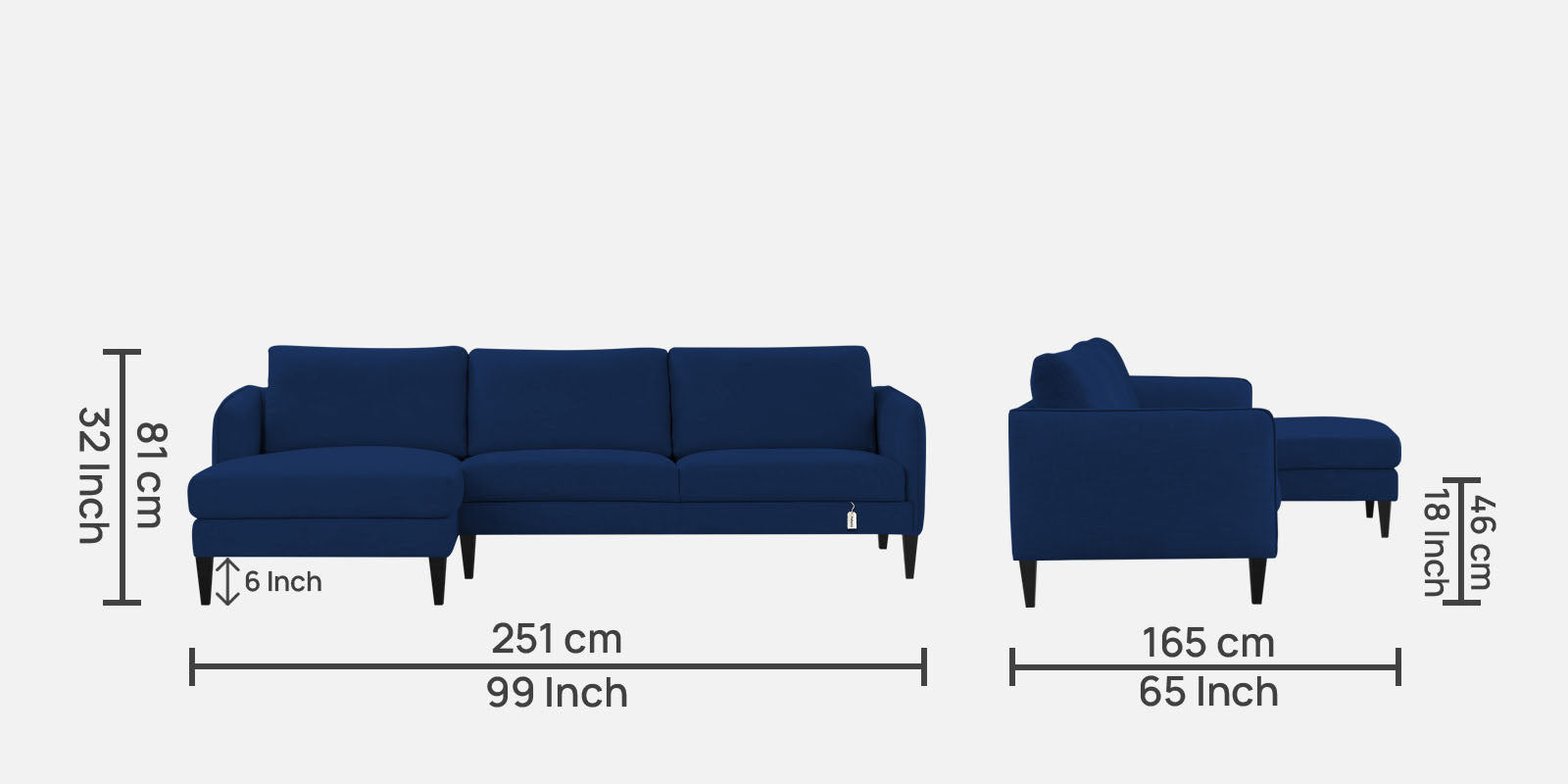 Piku Fabric RHS Sectional Sofa (3+Lounger) In Royal Blue Colour - Febonic Living