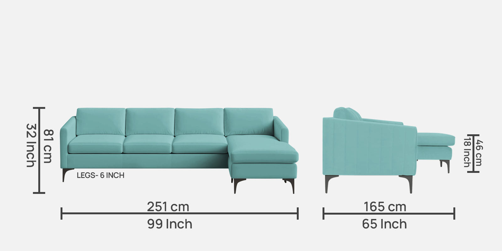 Haru Fabric LHS Sectional Sofa (3+Lounger) In Barmunda Aqua Colour - Febonic Living