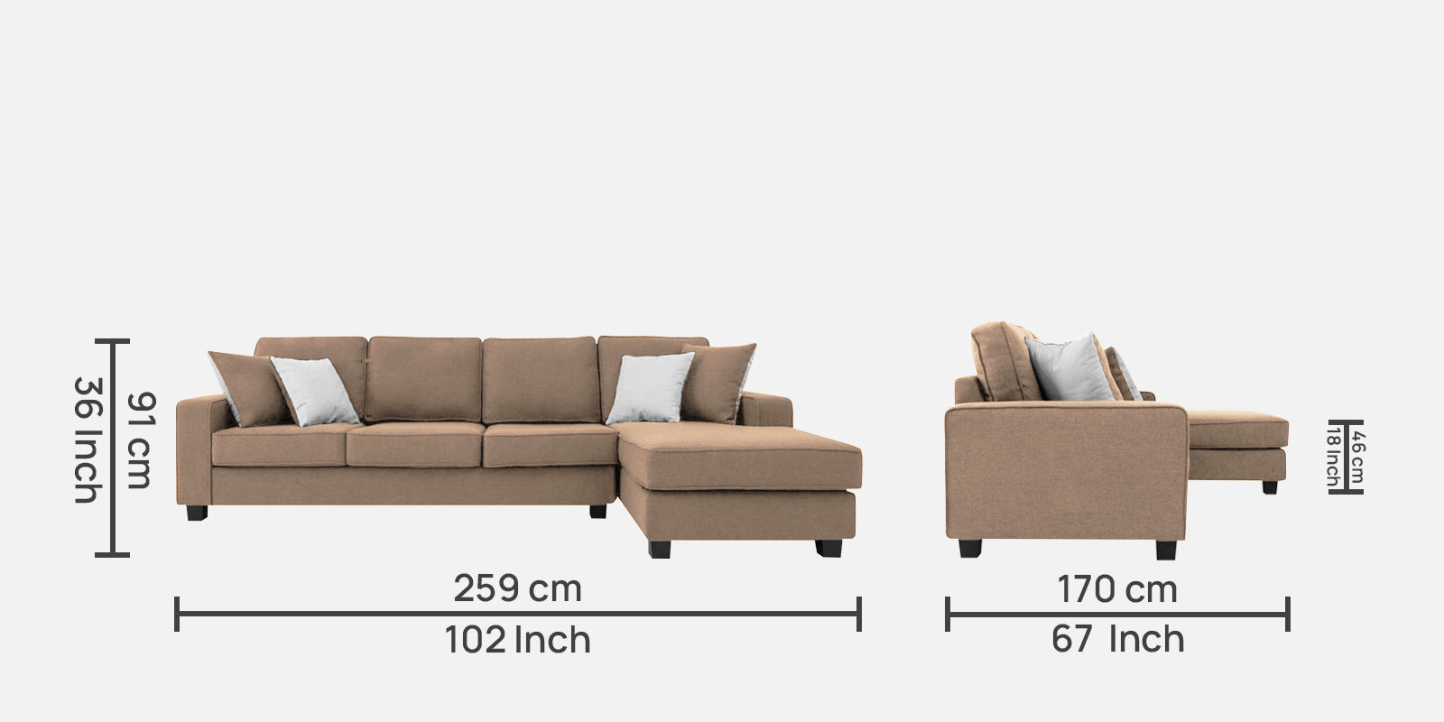 Ladybug Fabric LHS Sectional Sofa (3+Lounger) In Cookie Beige Colour - Febonic Living
