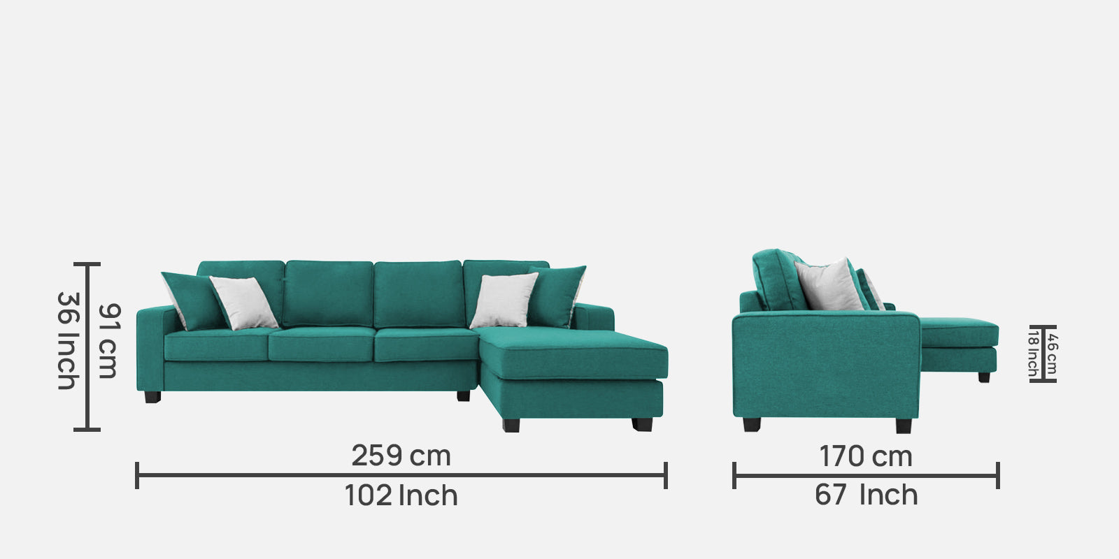 Ladybug Fabric LHS Sectional Sofa (3+Lounger) In Sea Green Colour - Febonic Living