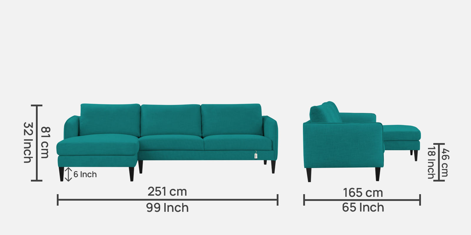 Piku Fabric RHS Sectional Sofa (3+Lounger) In Sea Green Colour - Febonic Living